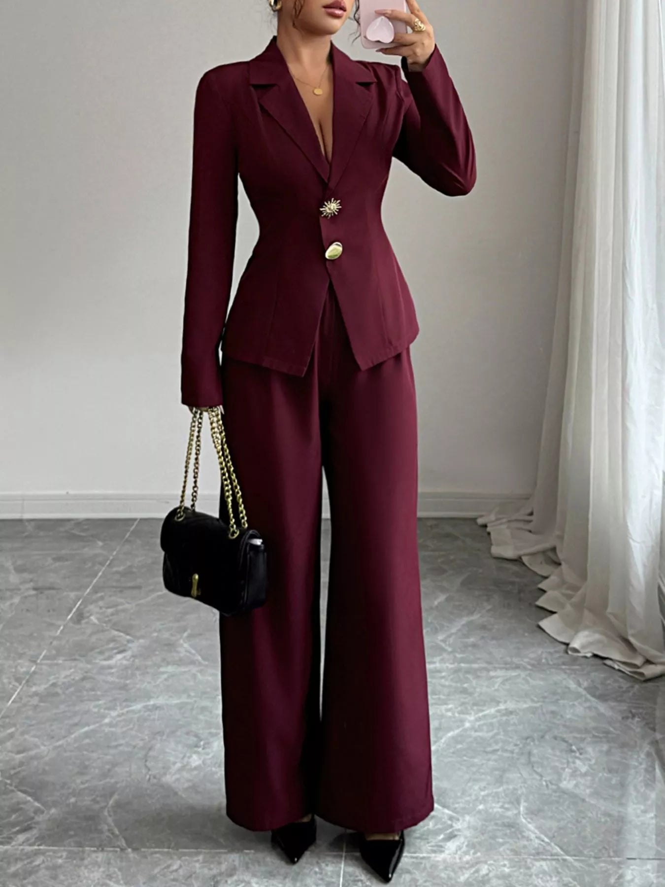 Lapel Collar Blazer & Wide Leg Pants Set - MAD RUFFI