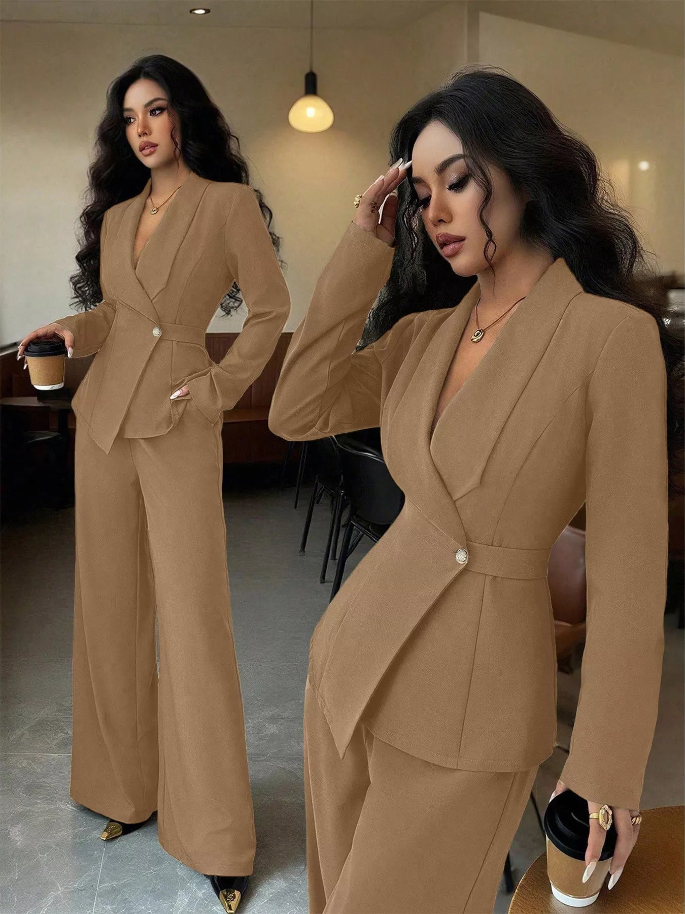 Lapel Collar Blazer & Wide Leg Pants Set - MAD RUFFI