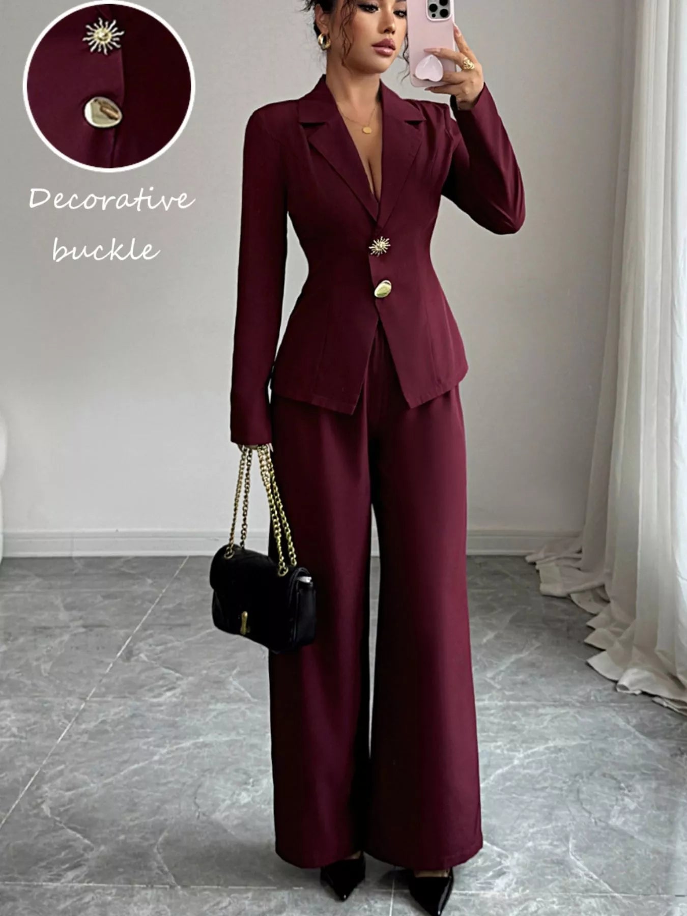 Lapel Collar Blazer & Wide Leg Pants Set - MAD RUFFI