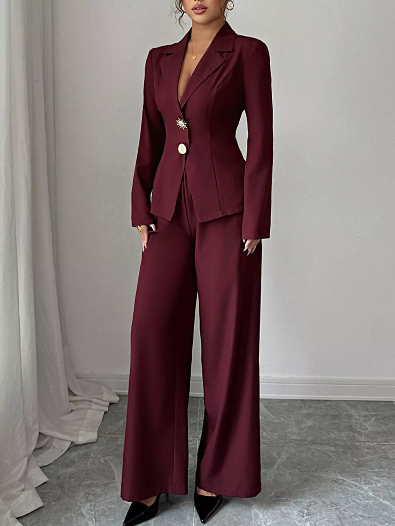 Lapel Collar Blazer & Wide Leg Pants Set - MAD RUFFI