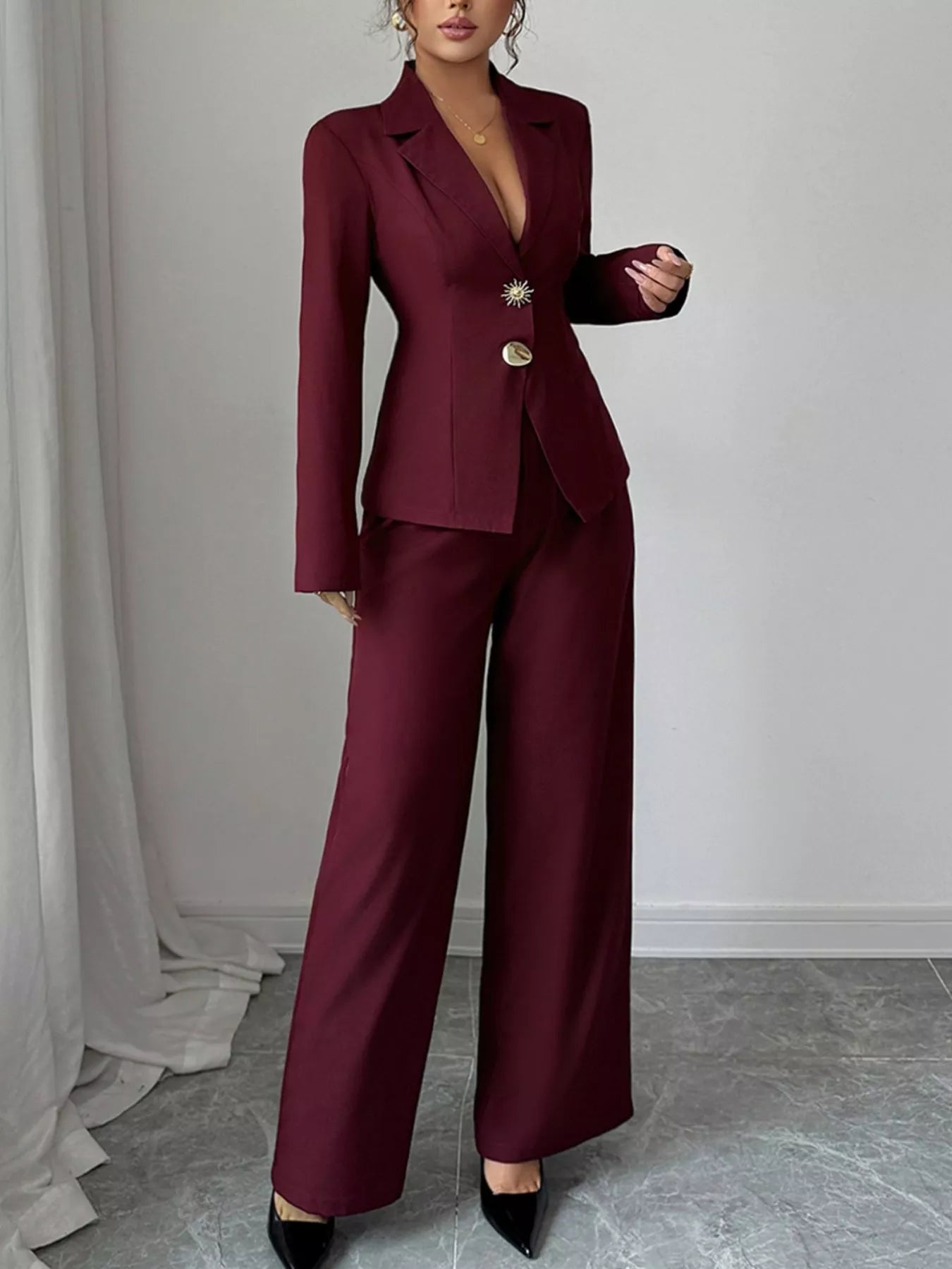 Lapel Collar Blazer & Wide Leg Pants Set - MAD RUFFI