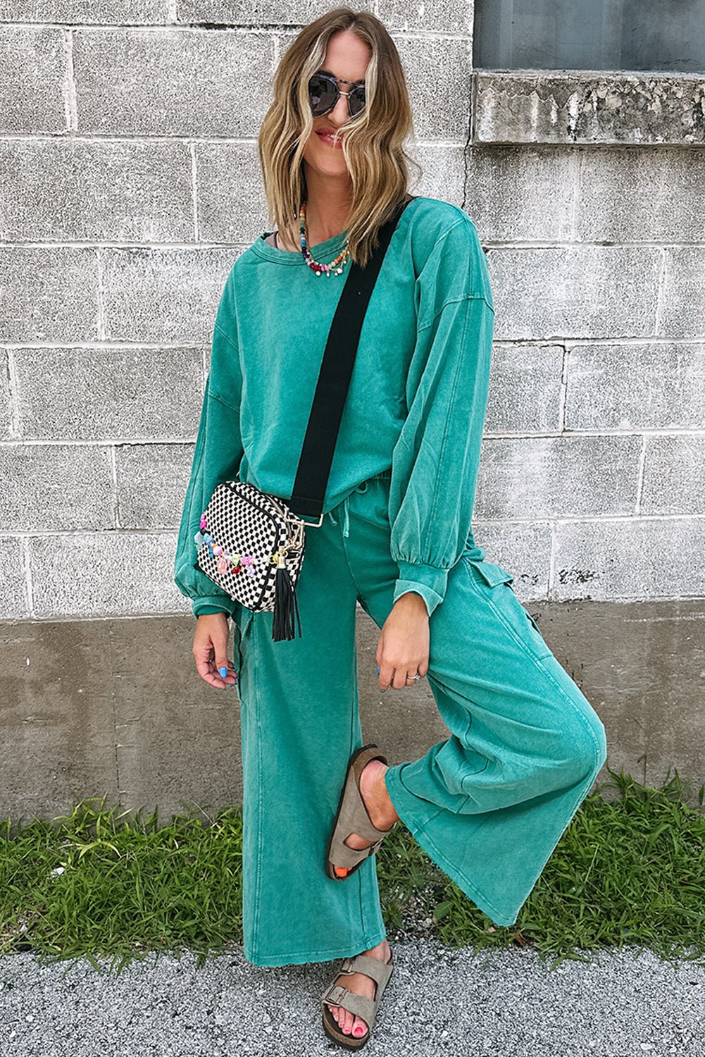 Lapis Mineral Wash Pullover and Wide Leg Cargo Pants Set - MAD RUFFI