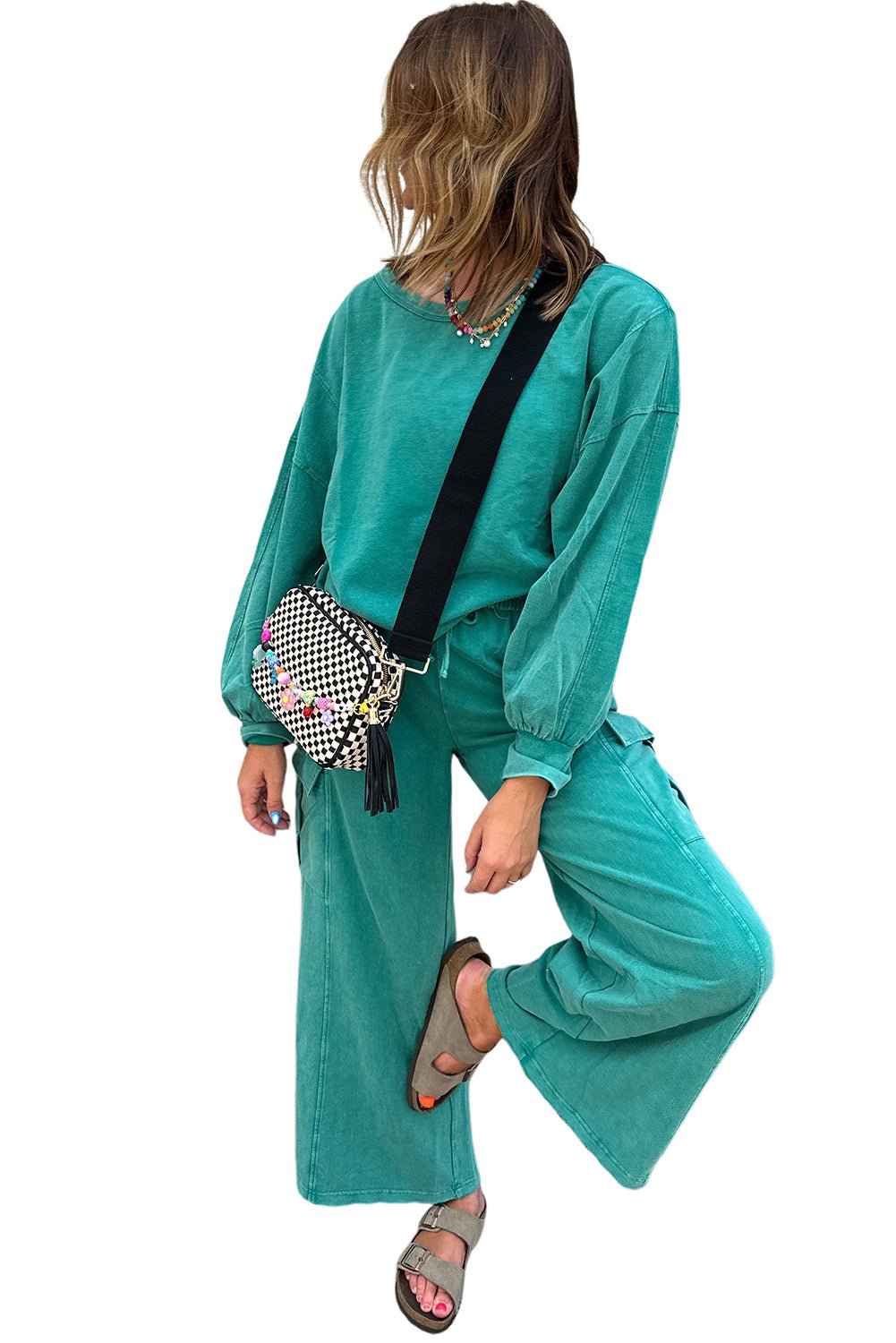 Lapis Mineral Wash Pullover and Wide Leg Cargo Pants Set - MAD RUFFI