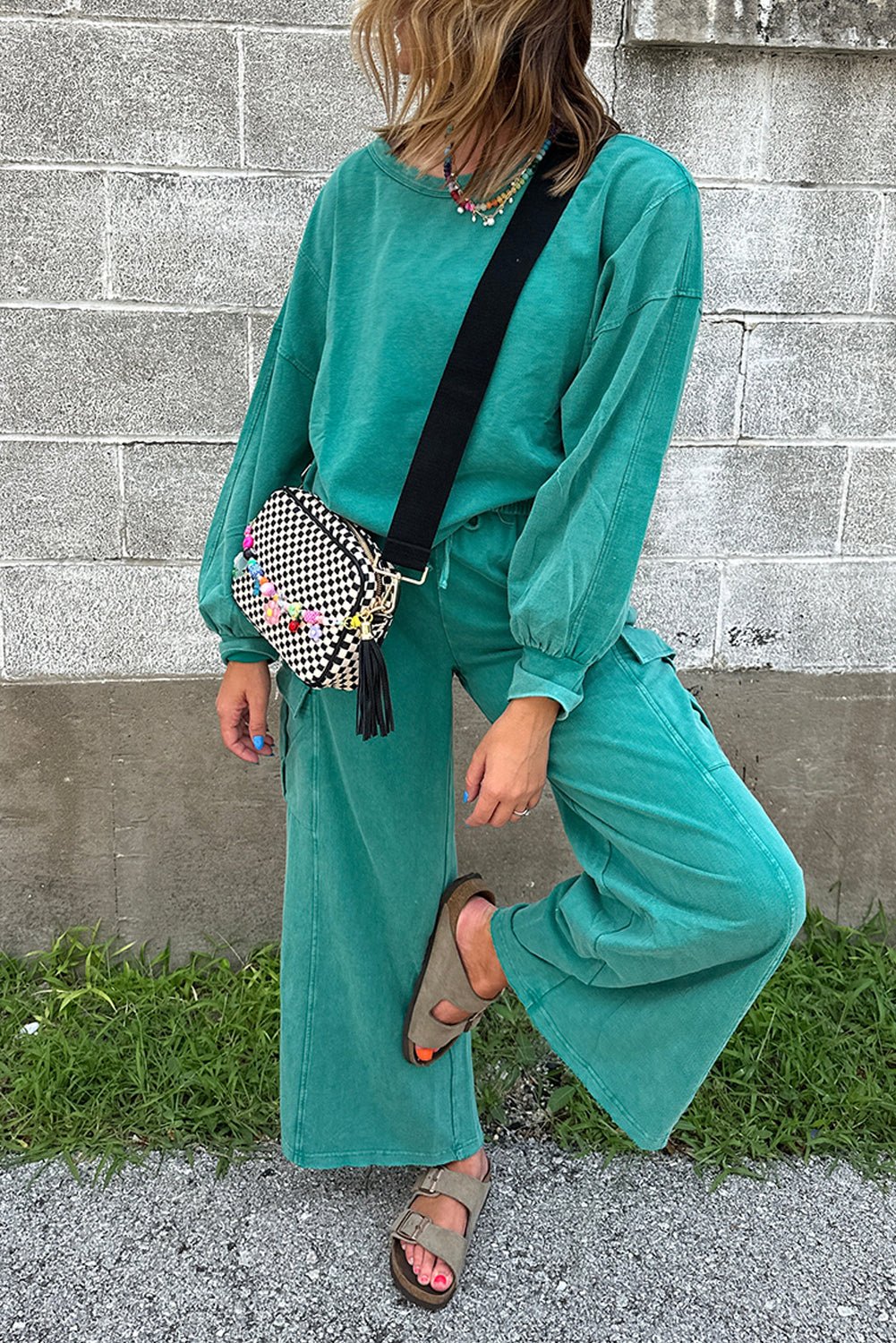 Lapis Mineral Wash Pullover and Wide Leg Cargo Pants Set - MAD RUFFI