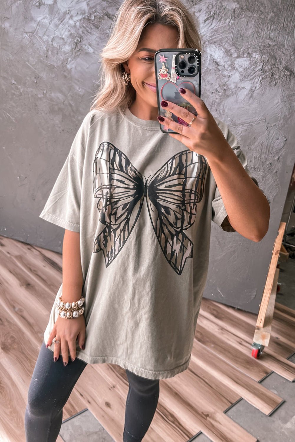 laurel green big bow print drop shoulder oversized tee - MAD RUFFI