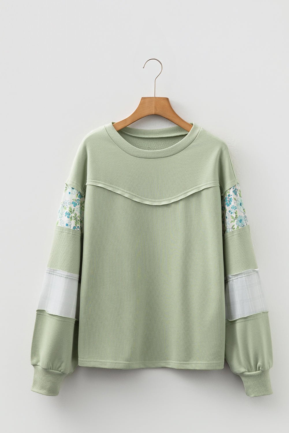 Laurel Green Floral Plaid Mixed Sleeve Raw Edge Relaxed French Terry Top - MAD RUFFI