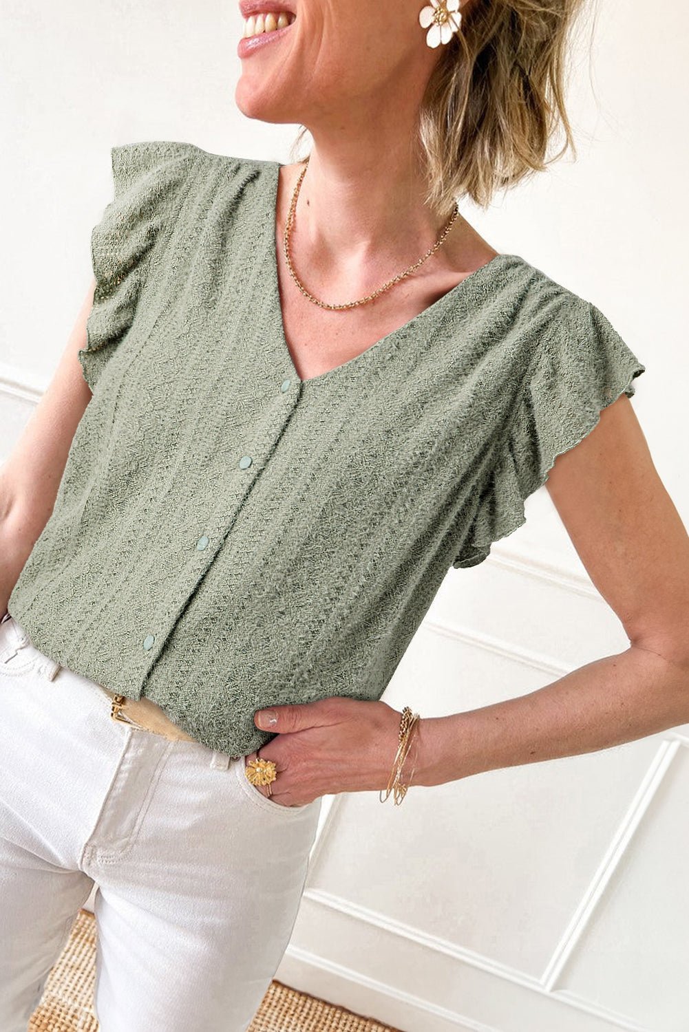 laurel green flutter sleeve v neck shirt - MAD RUFFI