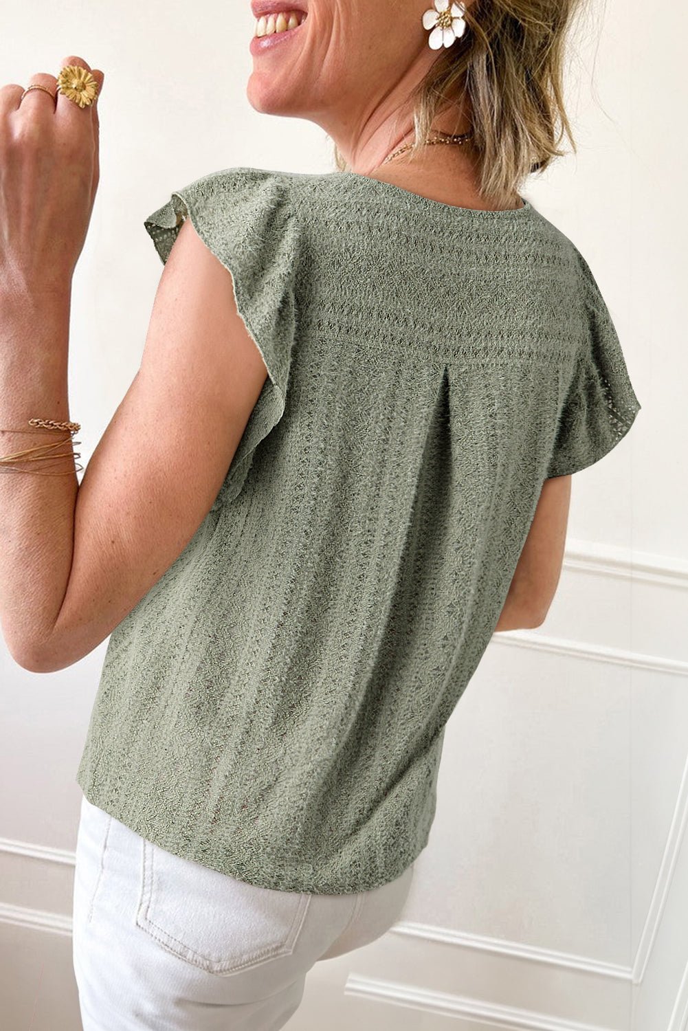 laurel green flutter sleeve v neck shirt - MAD RUFFI