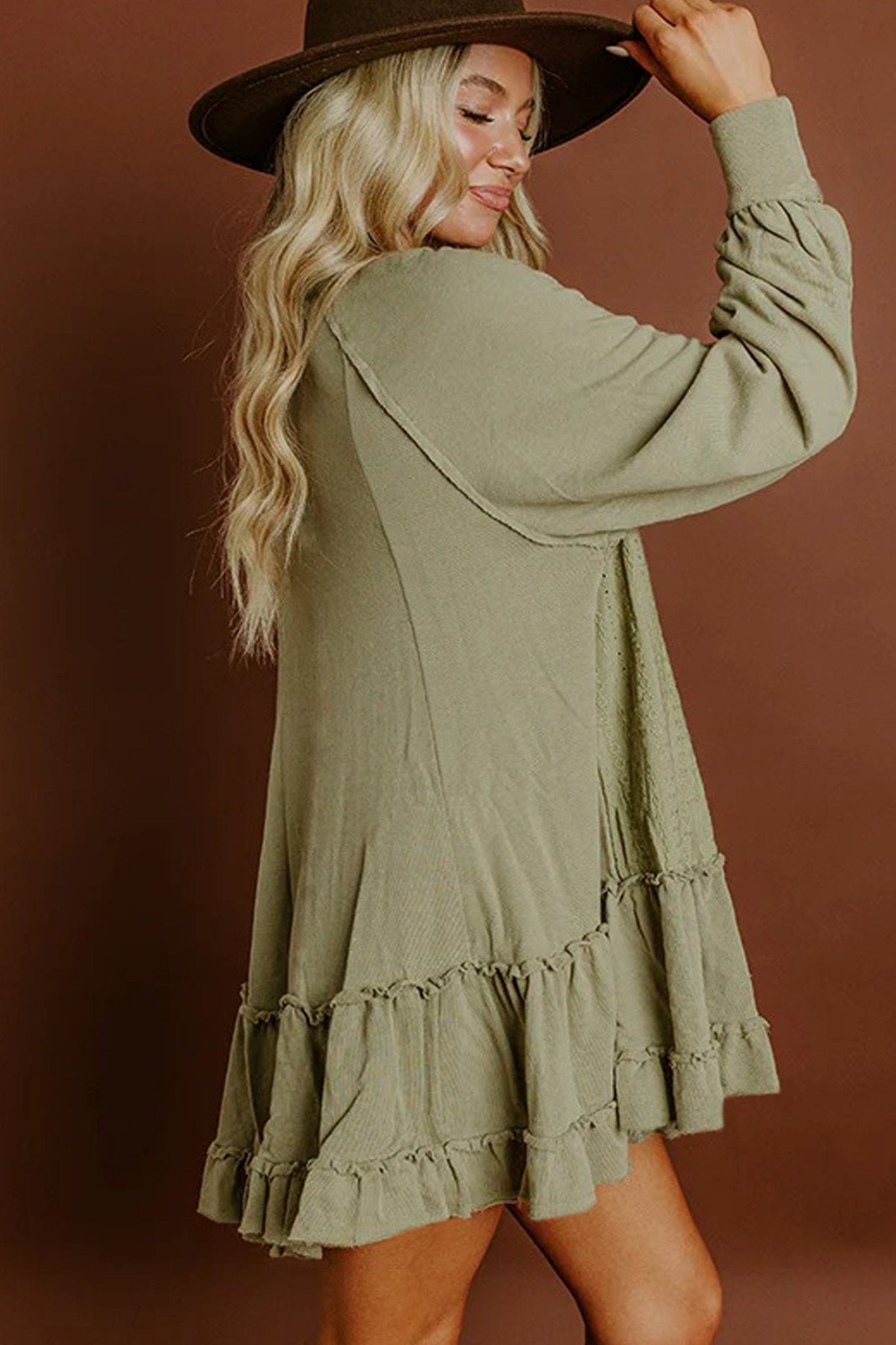 Laurel Green Jacquard Frilled Ruffled Long Sleeve Mini Dress - MAD RUFFI Laurel Green Jacquard Frilled Ruffled Long Sleeve Mini Dress - MAD RUFFI