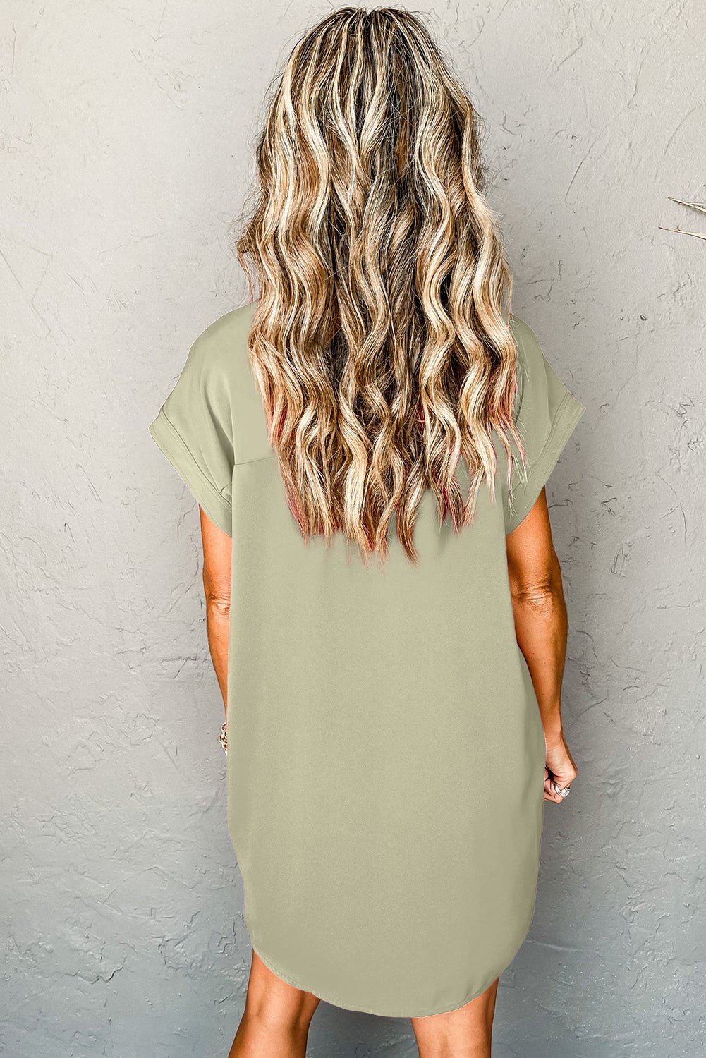 Laurel Green Plain Buttoned Collar T Shirt Dress - MAD RUFFI