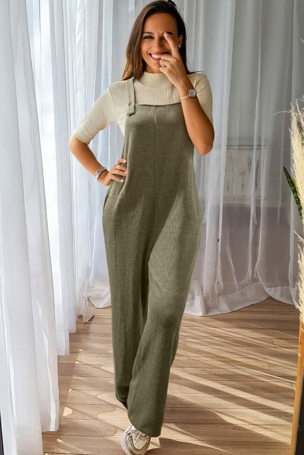 Laurel Green Solid Color Knit Loose Straight Leg Casual Overall Jumpsuit - MAD RUFFI