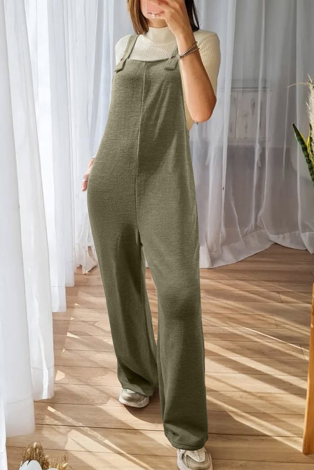 Laurel Green Solid Color Knit Loose Straight Leg Casual Overall Jumpsuit - MAD RUFFI