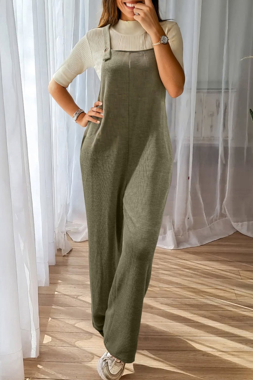 Laurel Green Solid Color Knit Loose Straight Leg Casual Overall Jumpsuit - MAD RUFFI