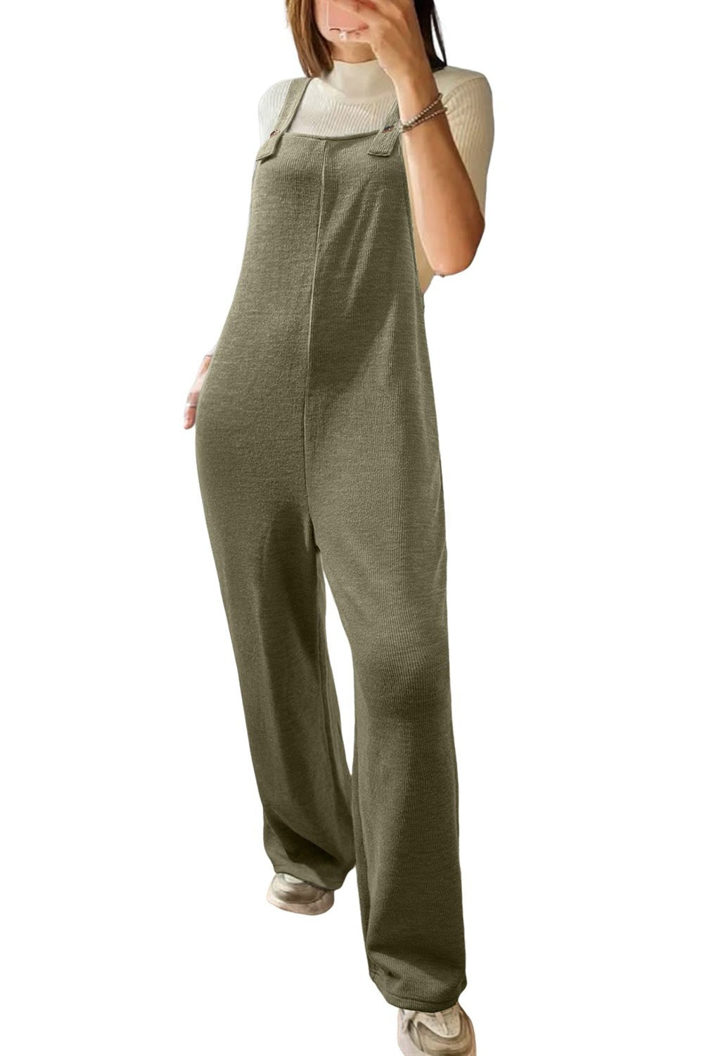 Laurel Green Solid Color Knit Loose Straight Leg Casual Overall Jumpsuit - MAD RUFFI