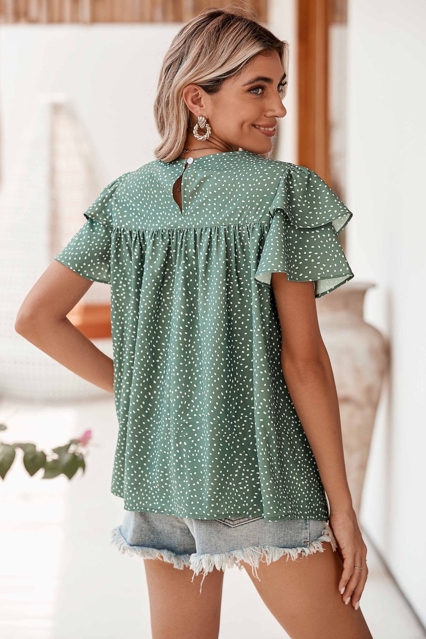 Laurel Green Spotted Print Pleated Ruffle Sleeve Blouse - MAD RUFFI