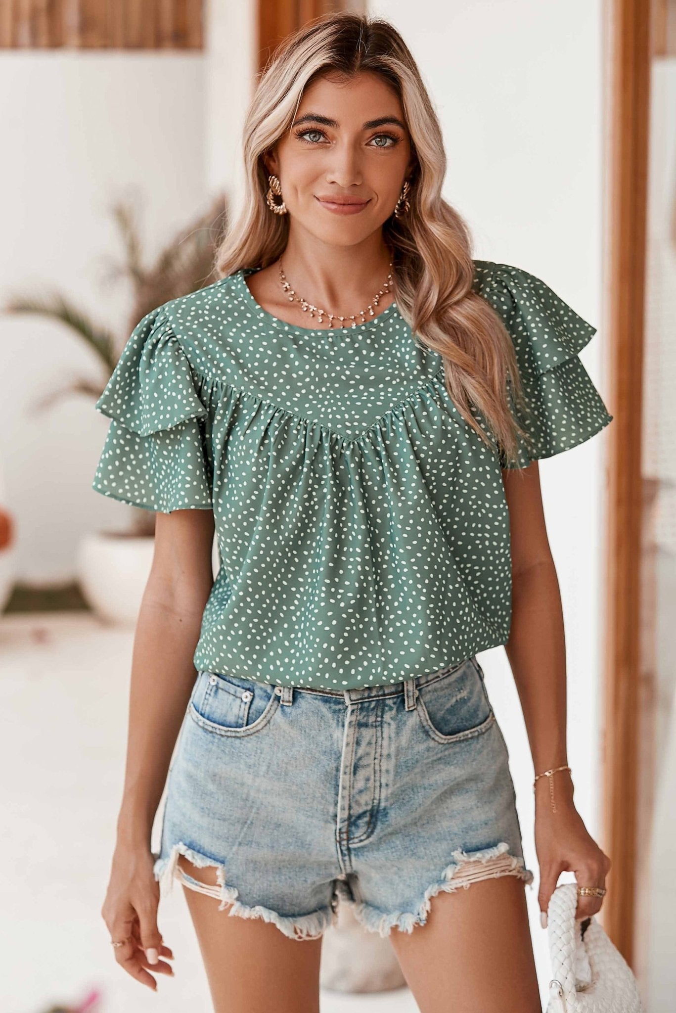 Laurel Green Spotted Print Pleated Ruffle Sleeve Blouse - MAD RUFFI