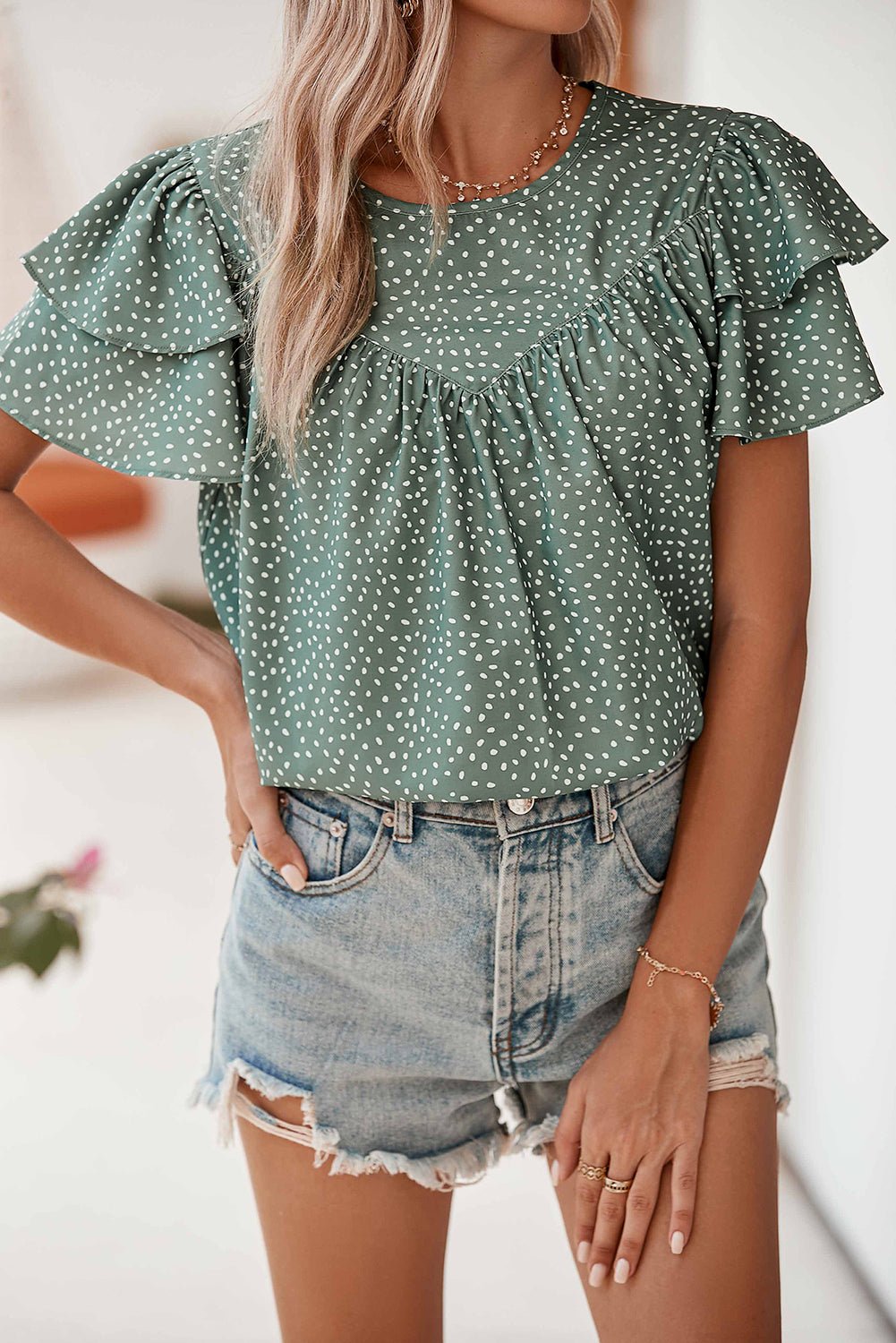 Laurel Green Spotted Print Pleated Ruffle Sleeve Blouse - MAD RUFFI