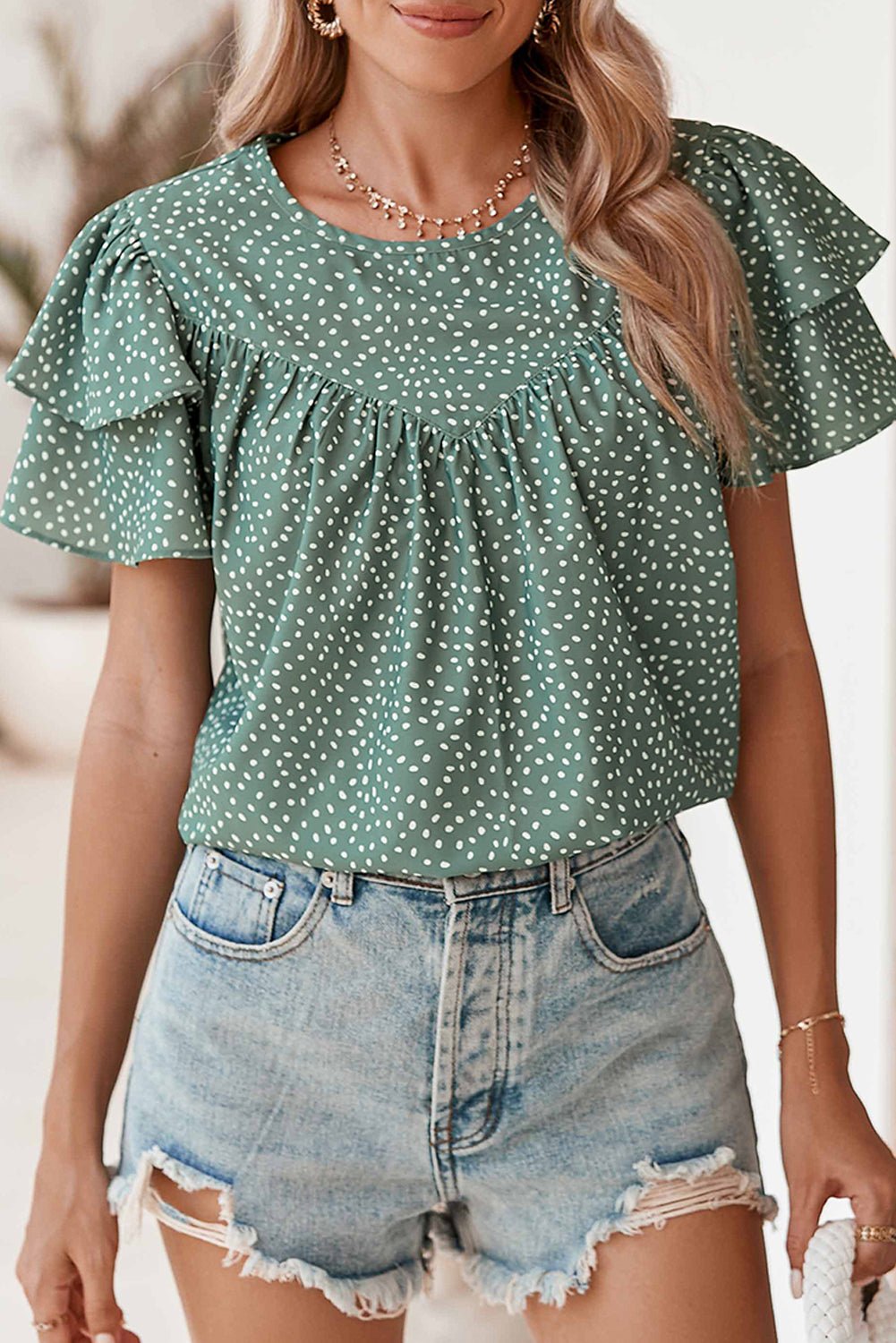 Laurel Green Spotted Print Pleated Ruffle Sleeve Blouse - MAD RUFFI