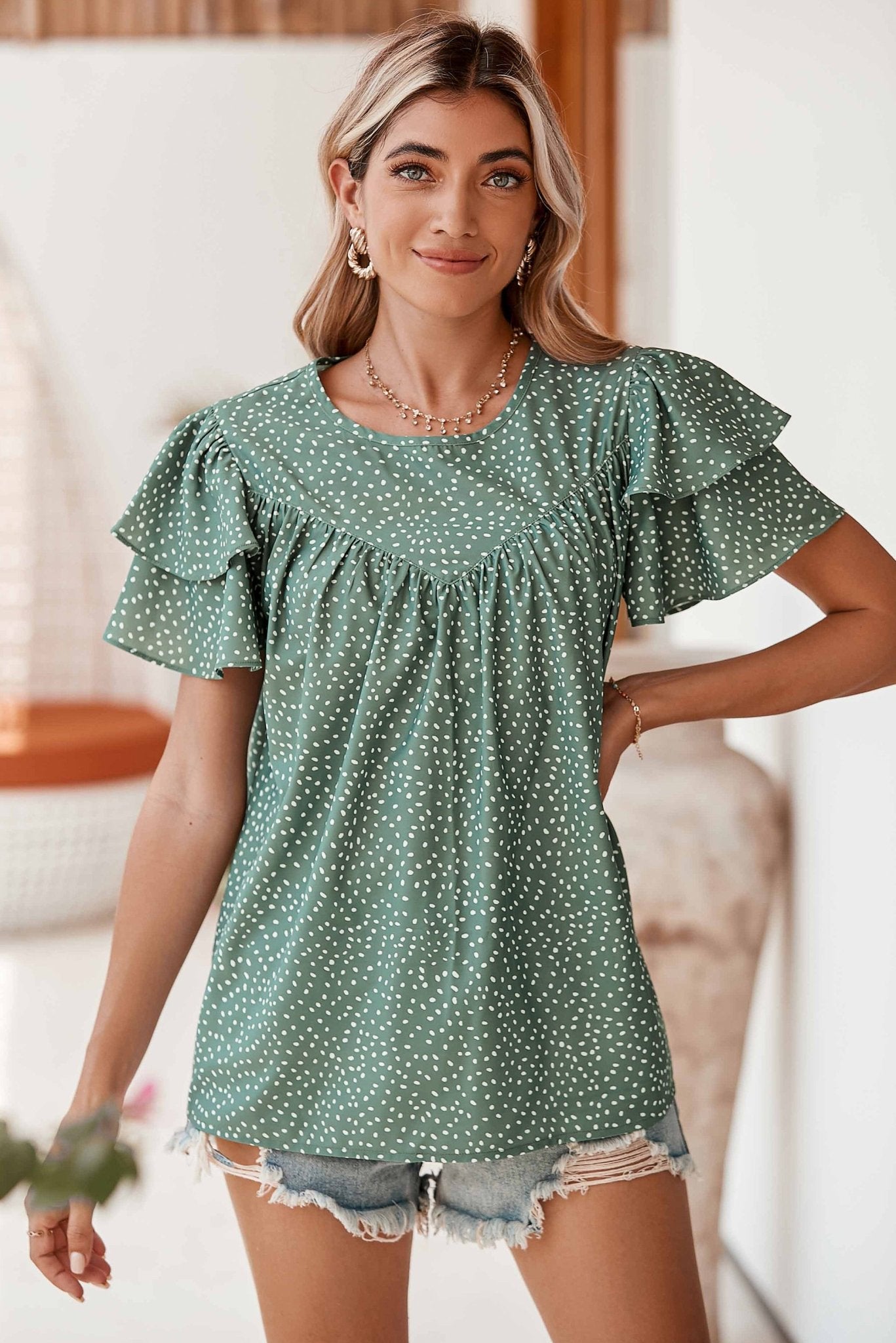 Laurel Green Spotted Print Pleated Ruffle Sleeve Blouse - MAD RUFFI