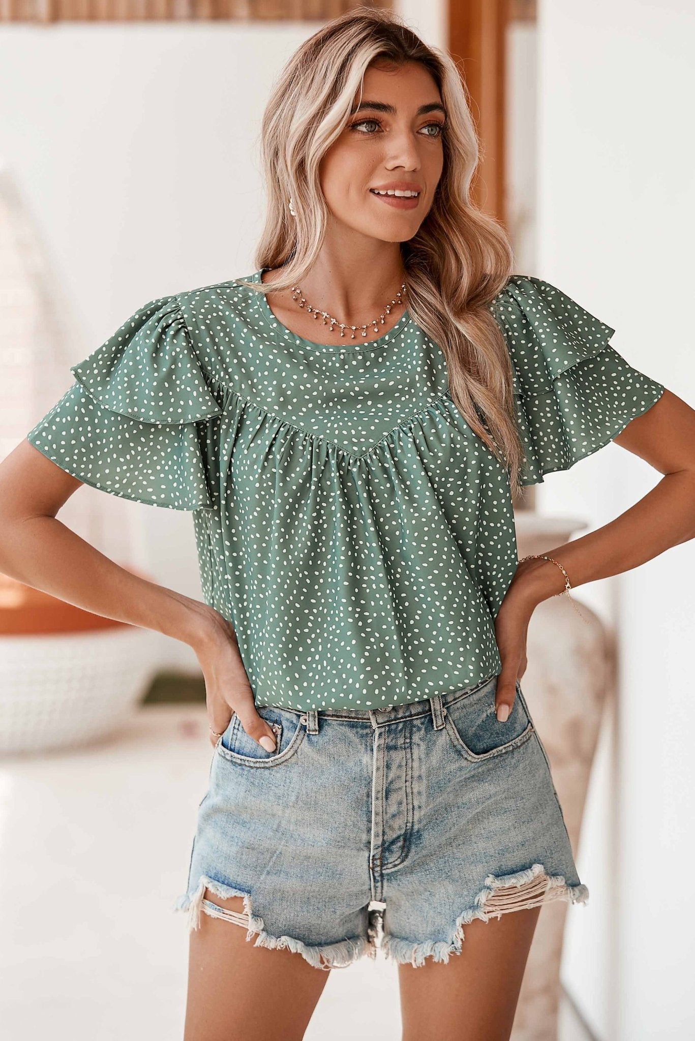 Laurel Green Spotted Print Pleated Ruffle Sleeve Blouse - MAD RUFFI