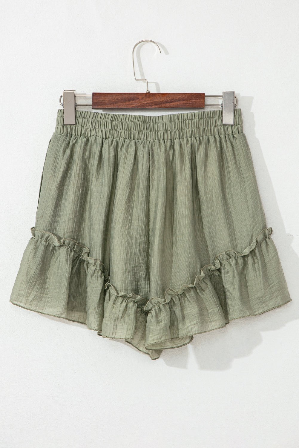 laurel green textured tie waist ruffle hem shorts - MAD RUFFI