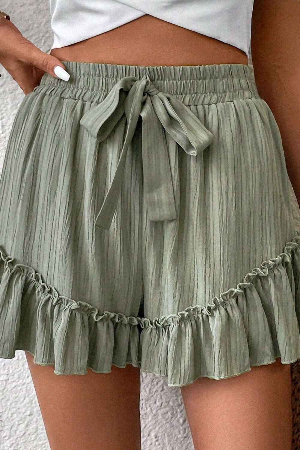 laurel green textured tie waist ruffle hem shorts - MAD RUFFI