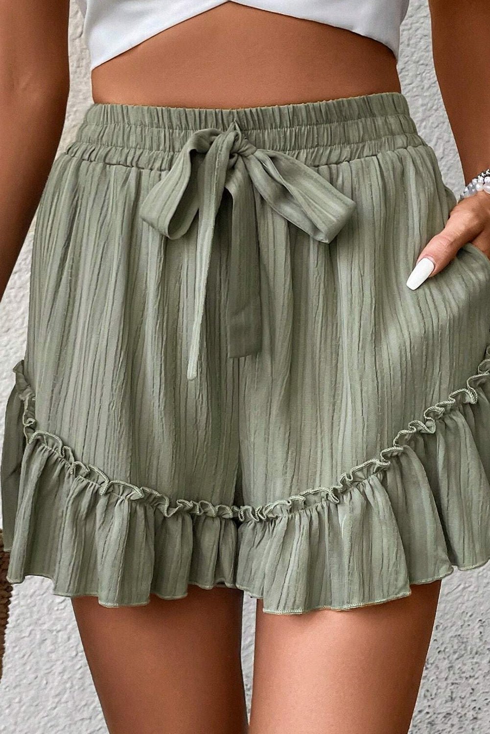 laurel green textured tie waist ruffle hem shorts - MAD RUFFI