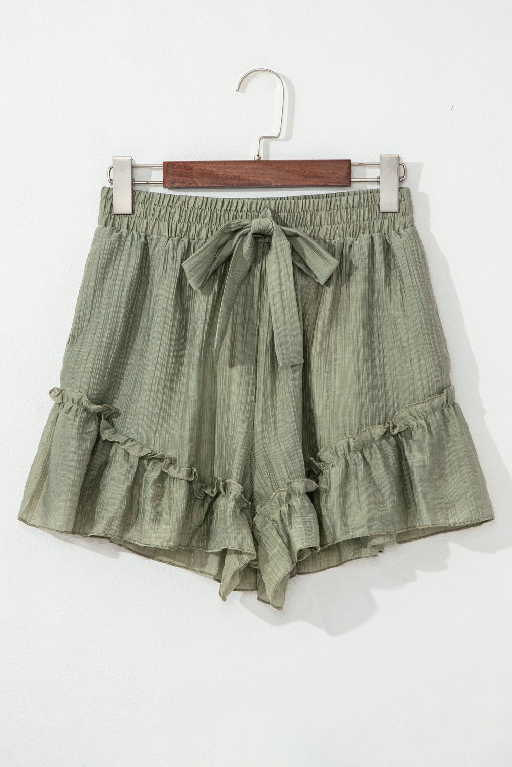 laurel green textured tie waist ruffle hem shorts - MAD RUFFI