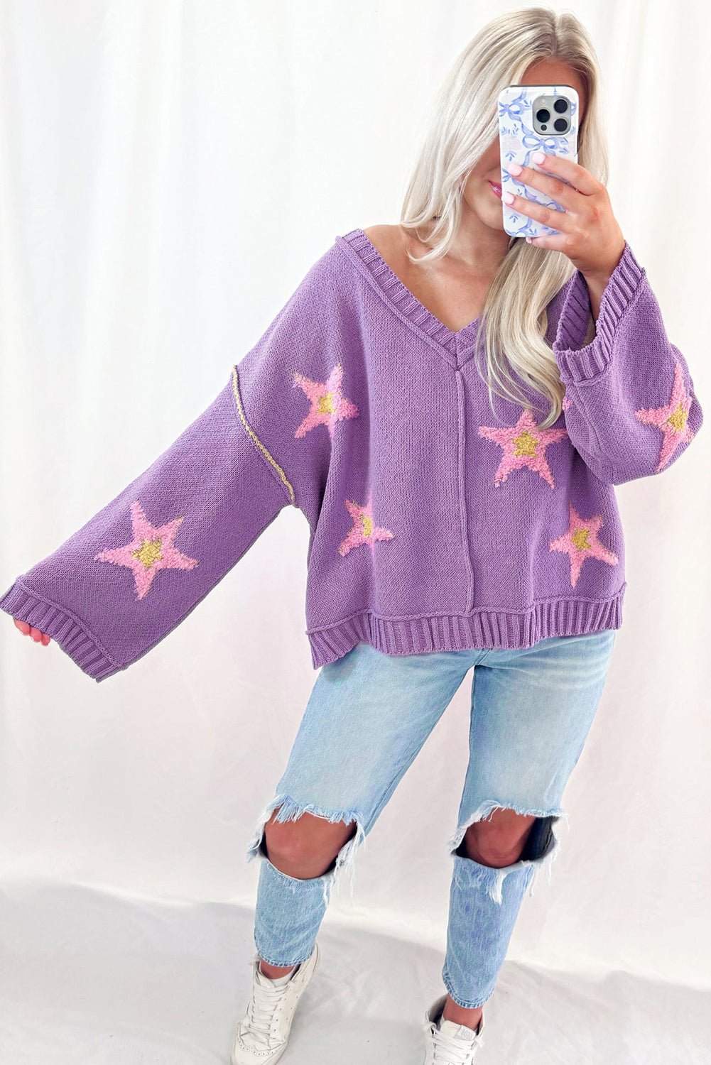 Lavendula Brushed Star Graphic V Neck Drop Shoulder Oversize Sweater - MAD RUFFI