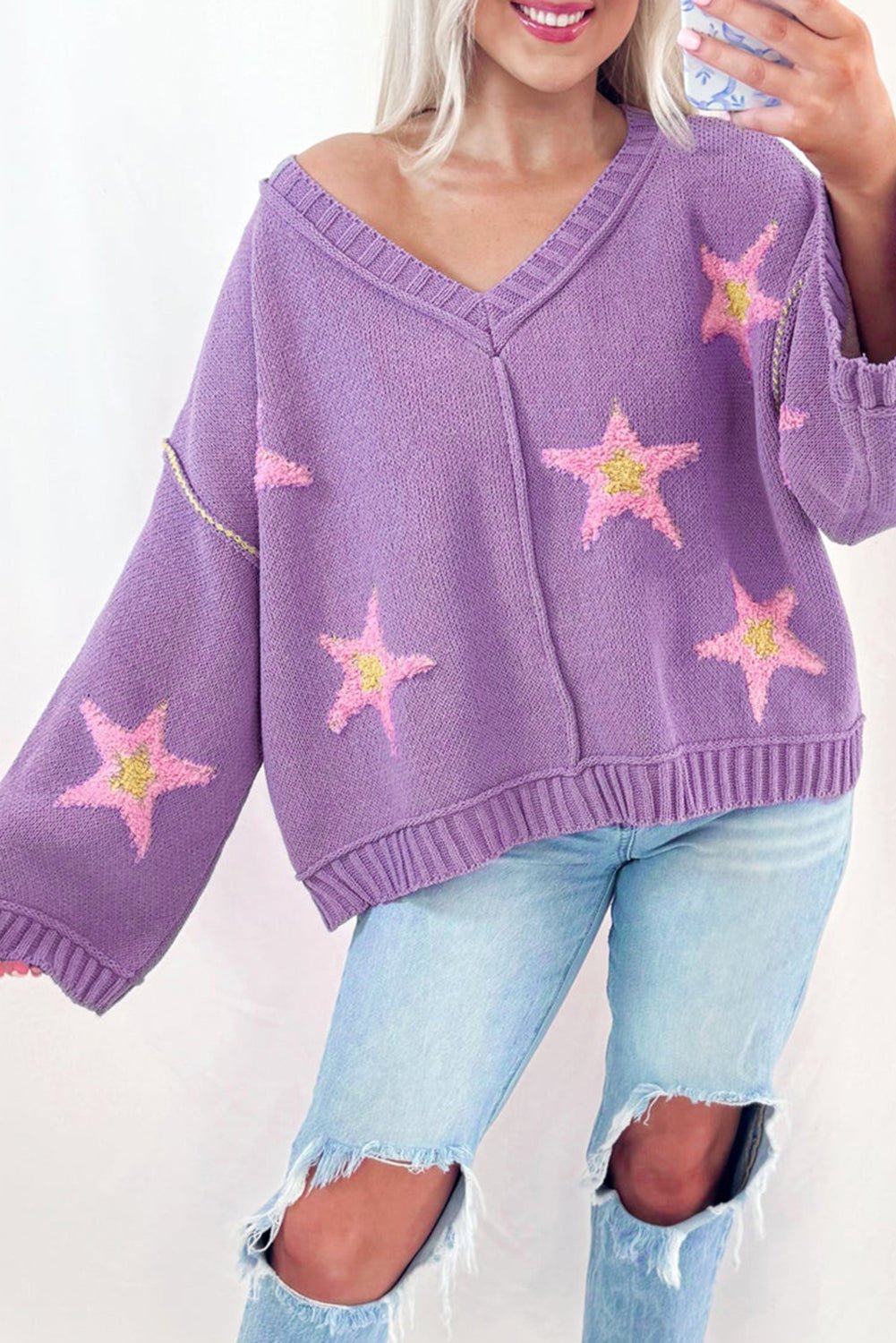 Lavendula Brushed Star Graphic V Neck Drop Shoulder Oversize Sweater - MAD RUFFI