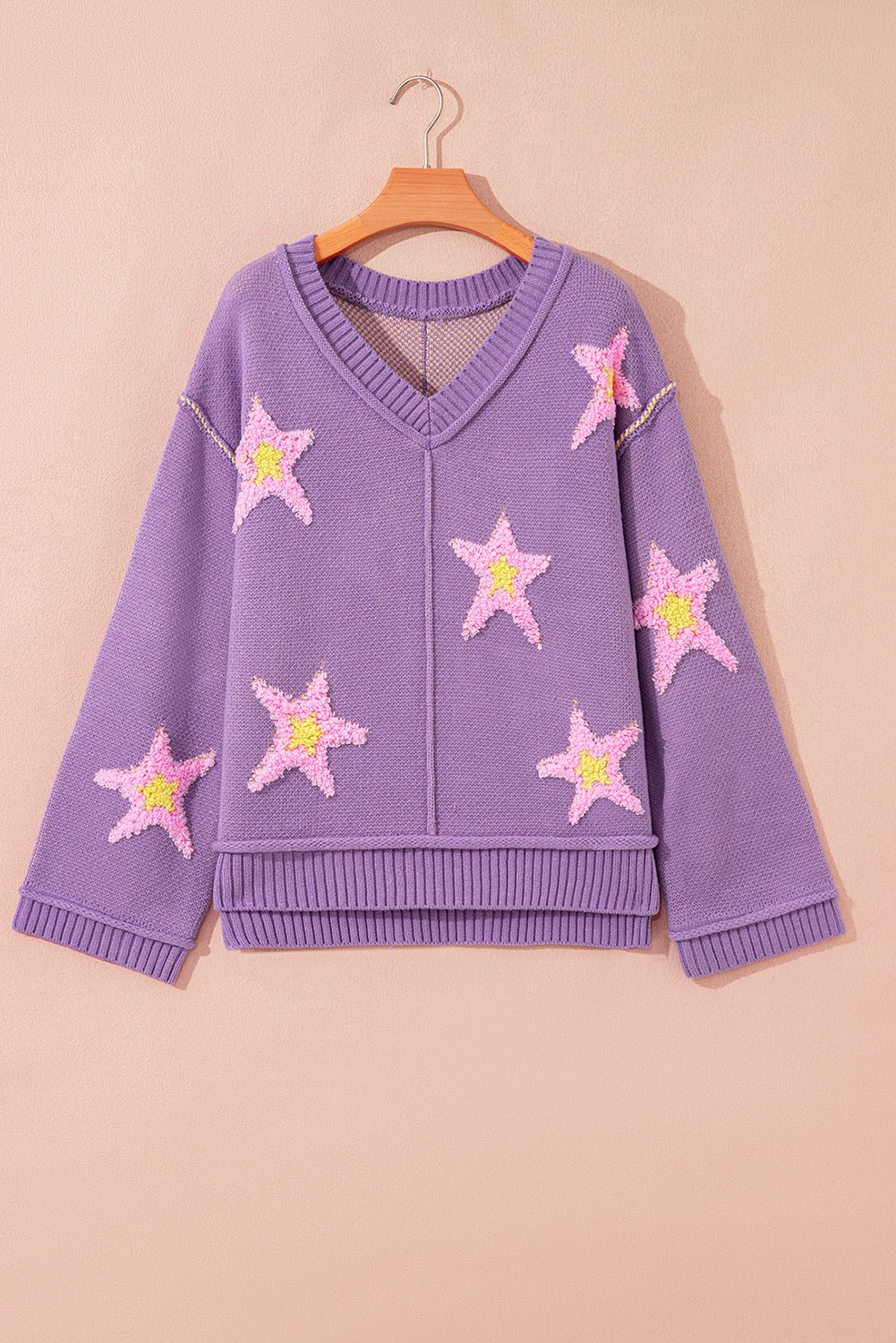 Lavendula Brushed Star Graphic V Neck Drop Shoulder Oversize Sweater - MAD RUFFI