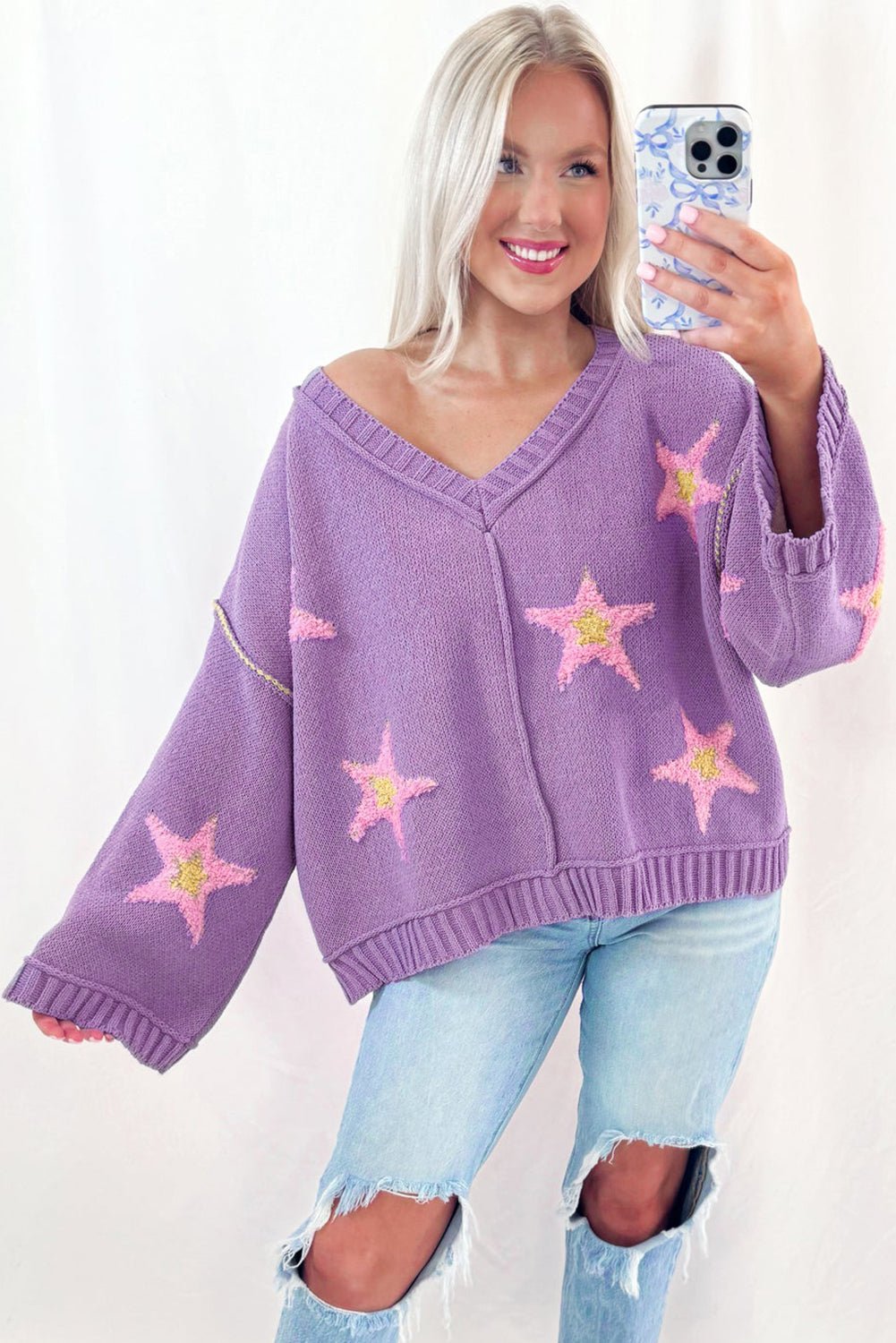 Lavendula Brushed Star Graphic V Neck Drop Shoulder Oversize Sweater - MAD RUFFI
