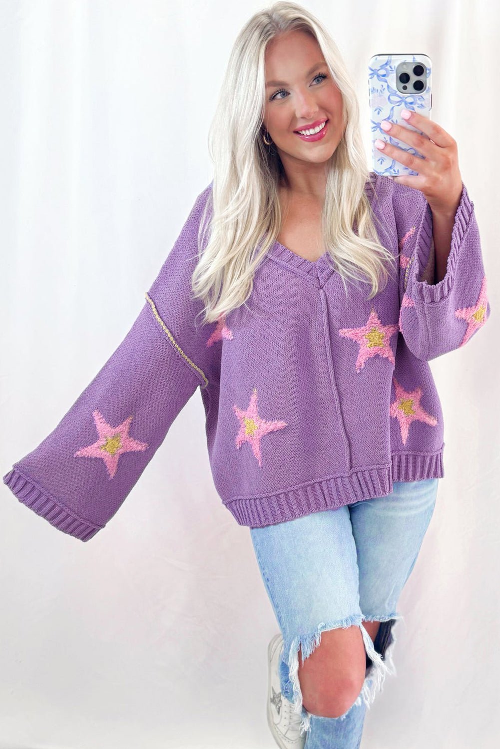 Lavendula Brushed Star Graphic V Neck Drop Shoulder Oversize Sweater - MAD RUFFI