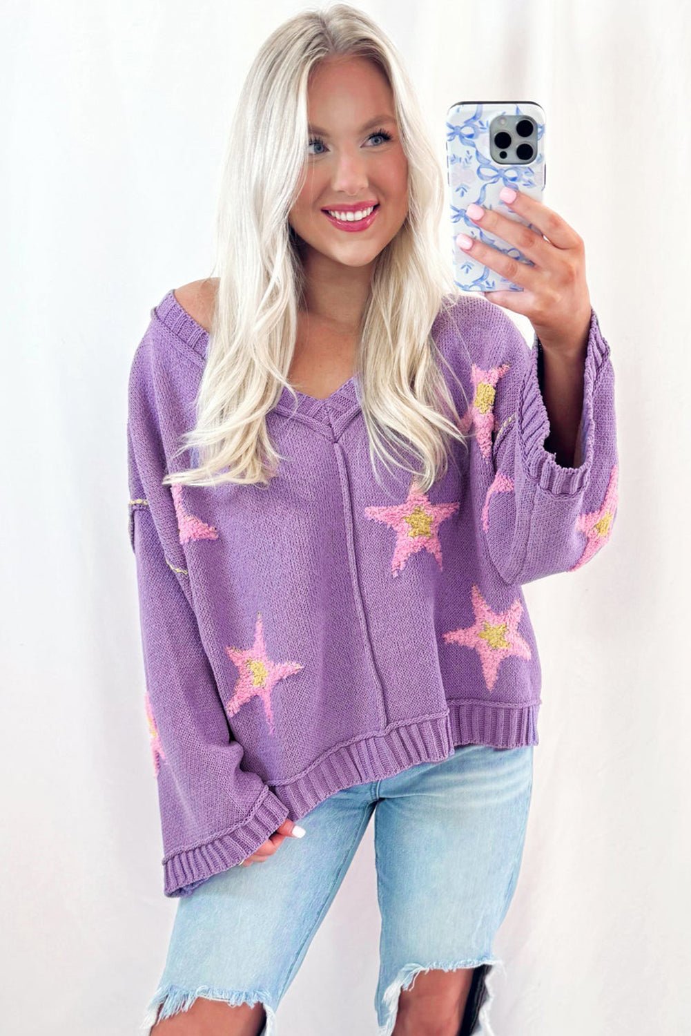 Lavendula Brushed Star Graphic V Neck Drop Shoulder Oversize Sweater - MAD RUFFI