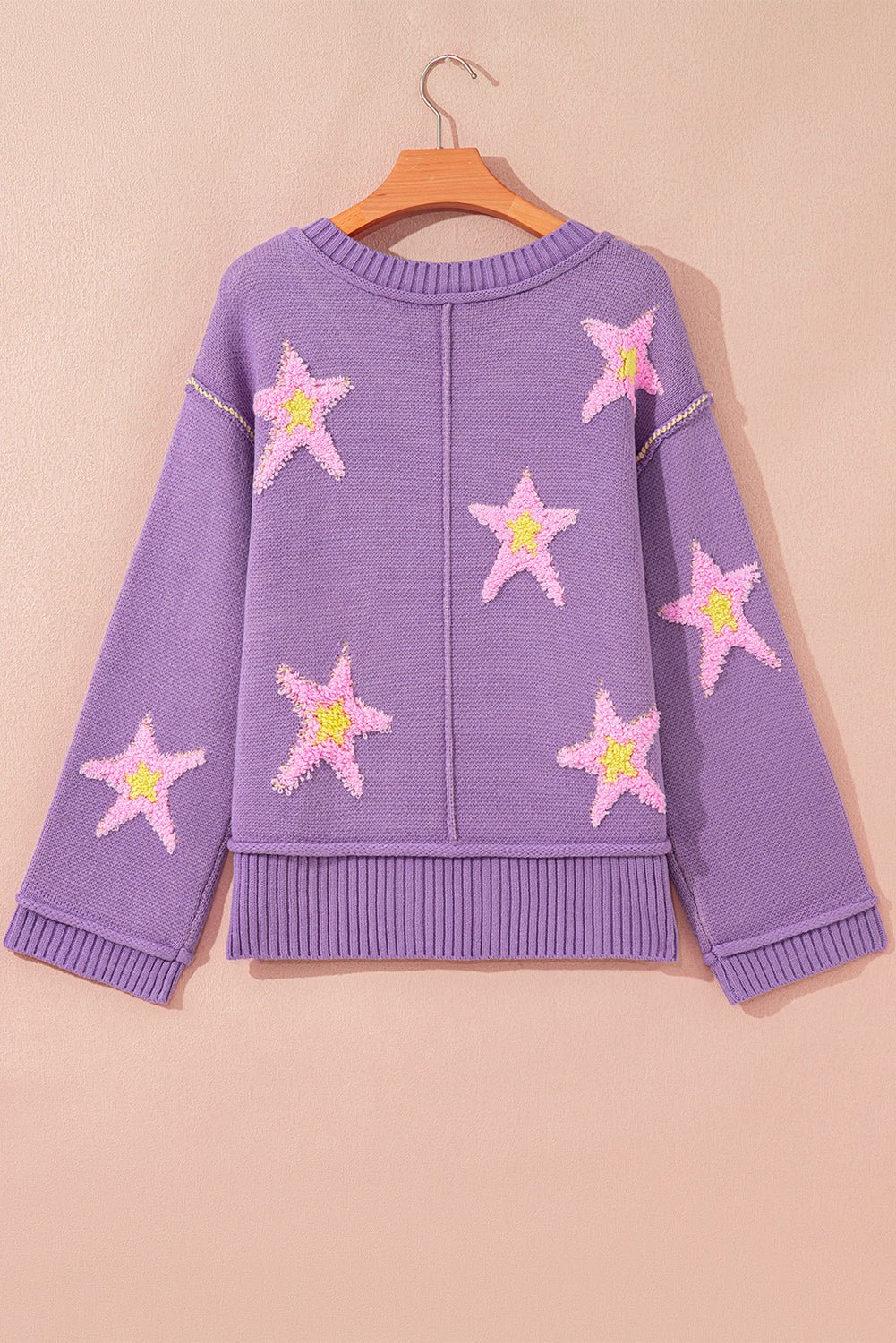 Lavendula Brushed Star Graphic V Neck Drop Shoulder Oversize Sweater - MAD RUFFI