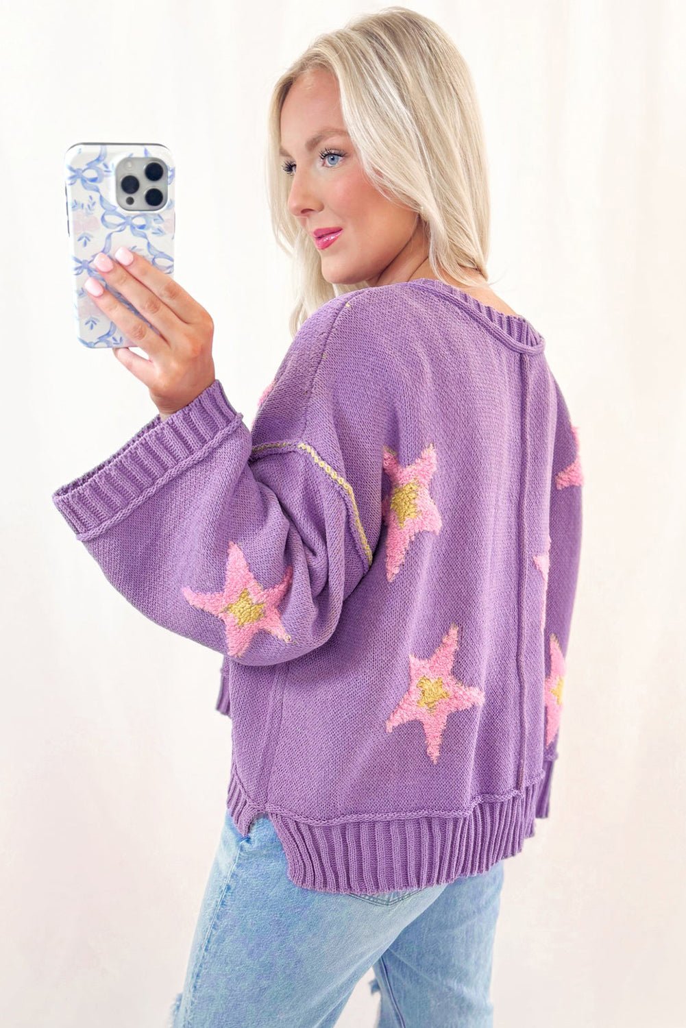 Lavendula Brushed Star Graphic V Neck Drop Shoulder Oversize Sweater - MAD RUFFI