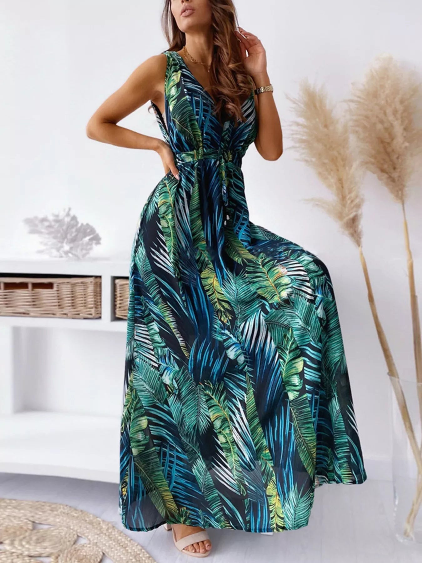 Leaf Print Sleeveless Maxi Dress - MAD RUFFI