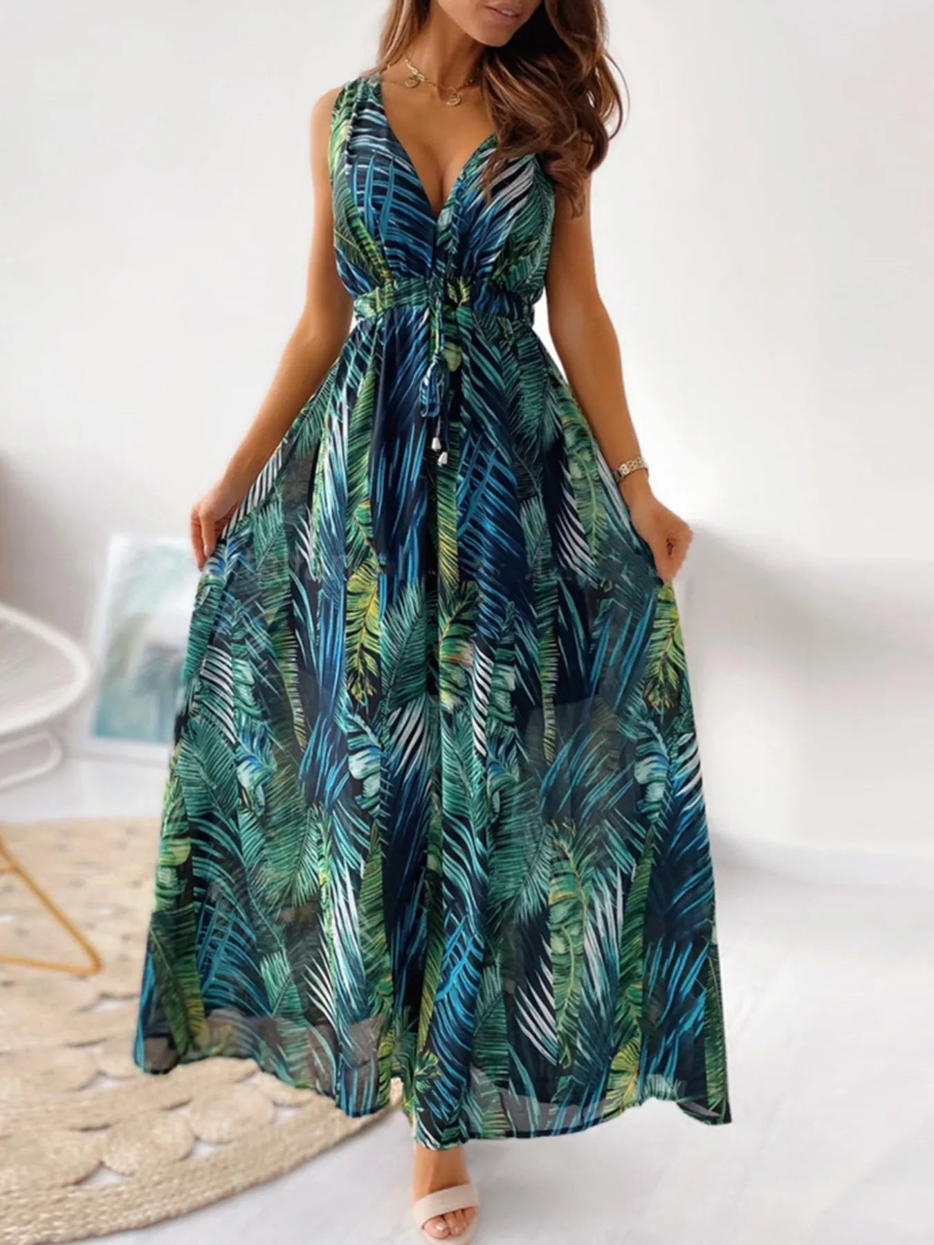 Leaf Print Sleeveless Maxi Dress - MAD RUFFI