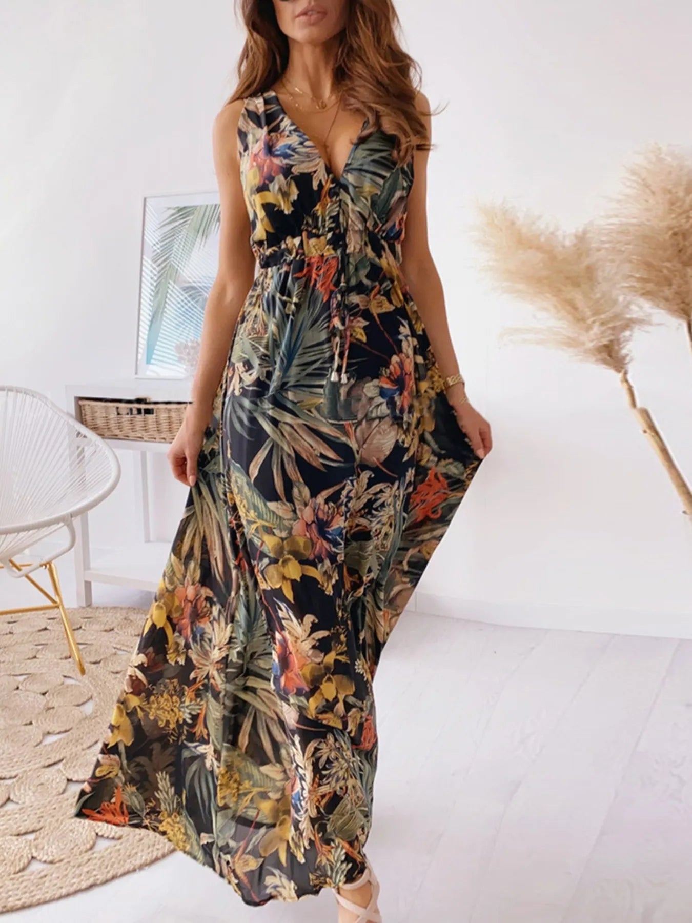 Leaf Print Sleeveless Maxi Dress - MAD RUFFI