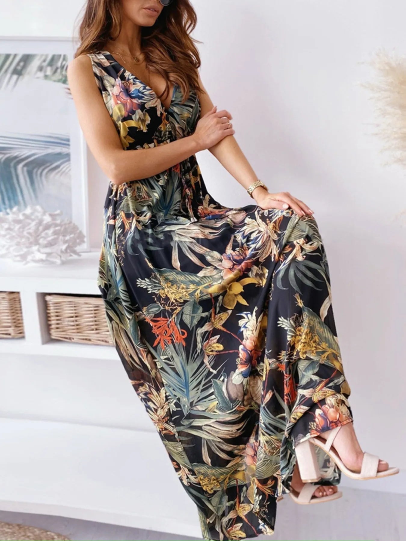 Leaf Print Sleeveless Maxi Dress - MAD RUFFI