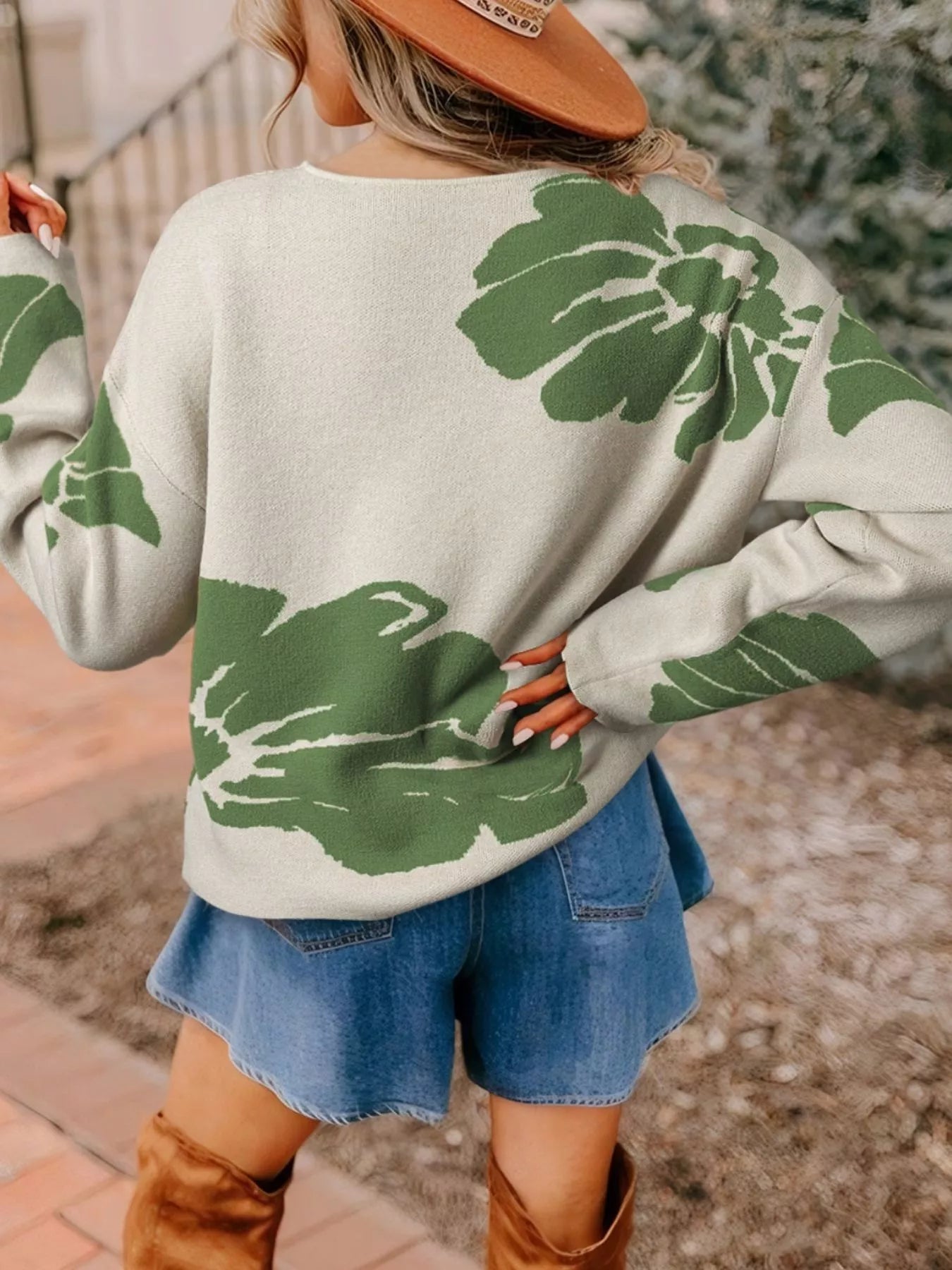 Leaf Round Neck Long Sleeve Sweater - MAD RUFFI