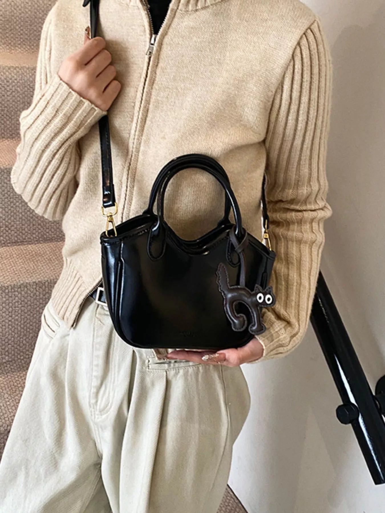 Leather Cat Charm Crossbody Bag - MAD RUFFI