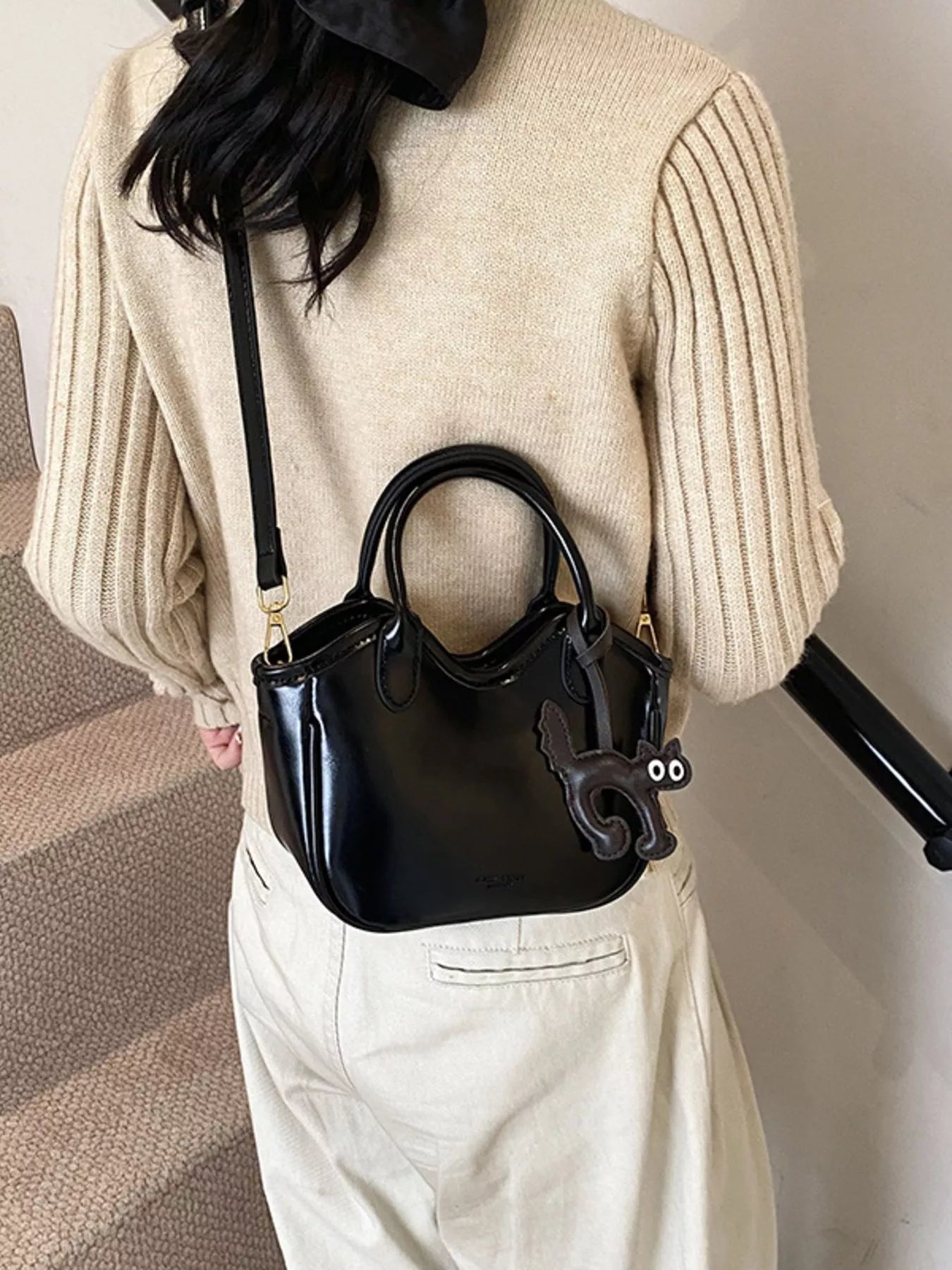 Leather Cat Charm Crossbody Bag - MAD RUFFI