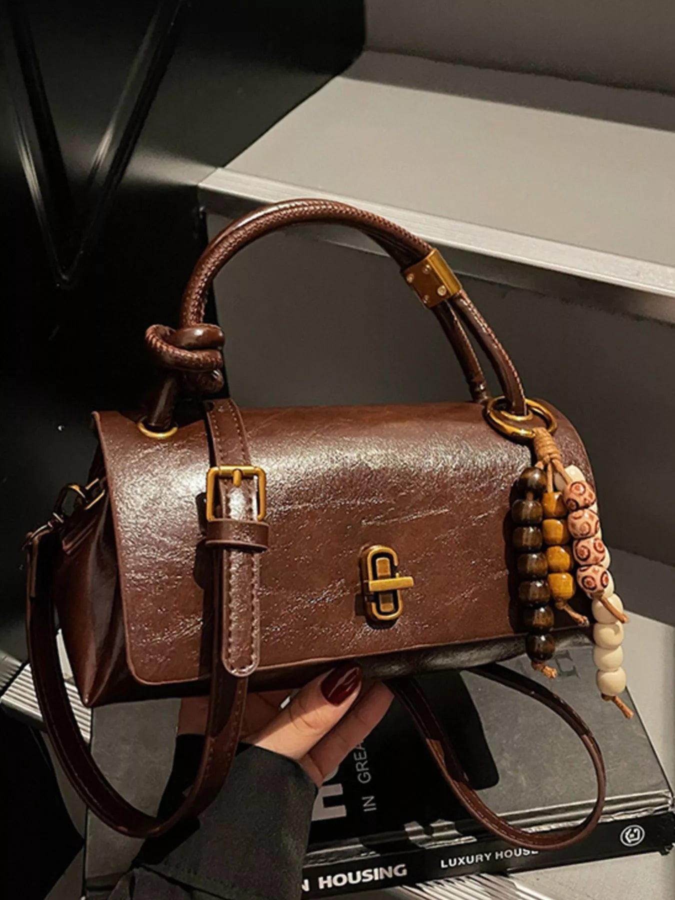 Leather Crossbody Bag with Bead Charm - MAD RUFFI