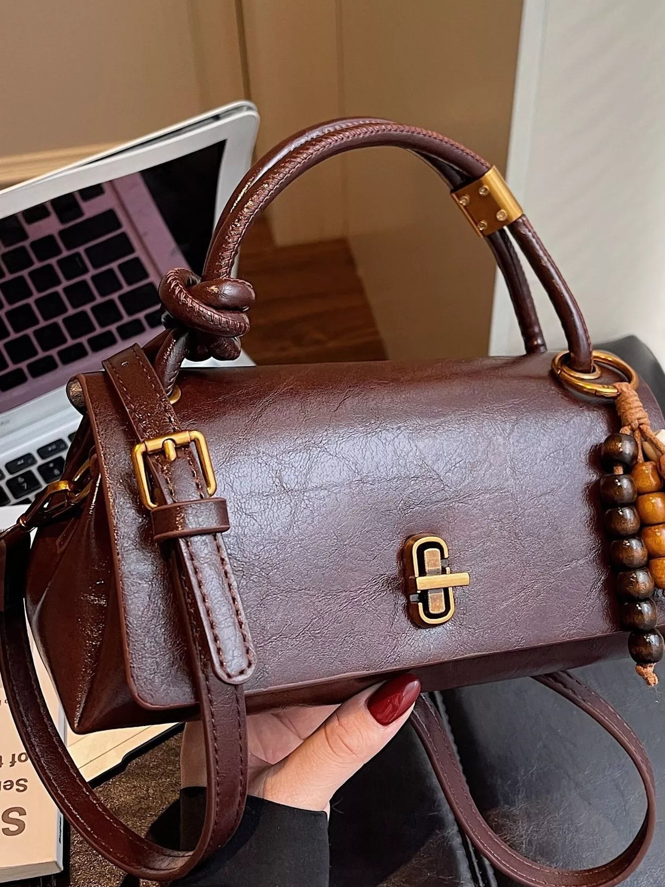 Leather Crossbody Bag with Bead Charm - MAD RUFFI