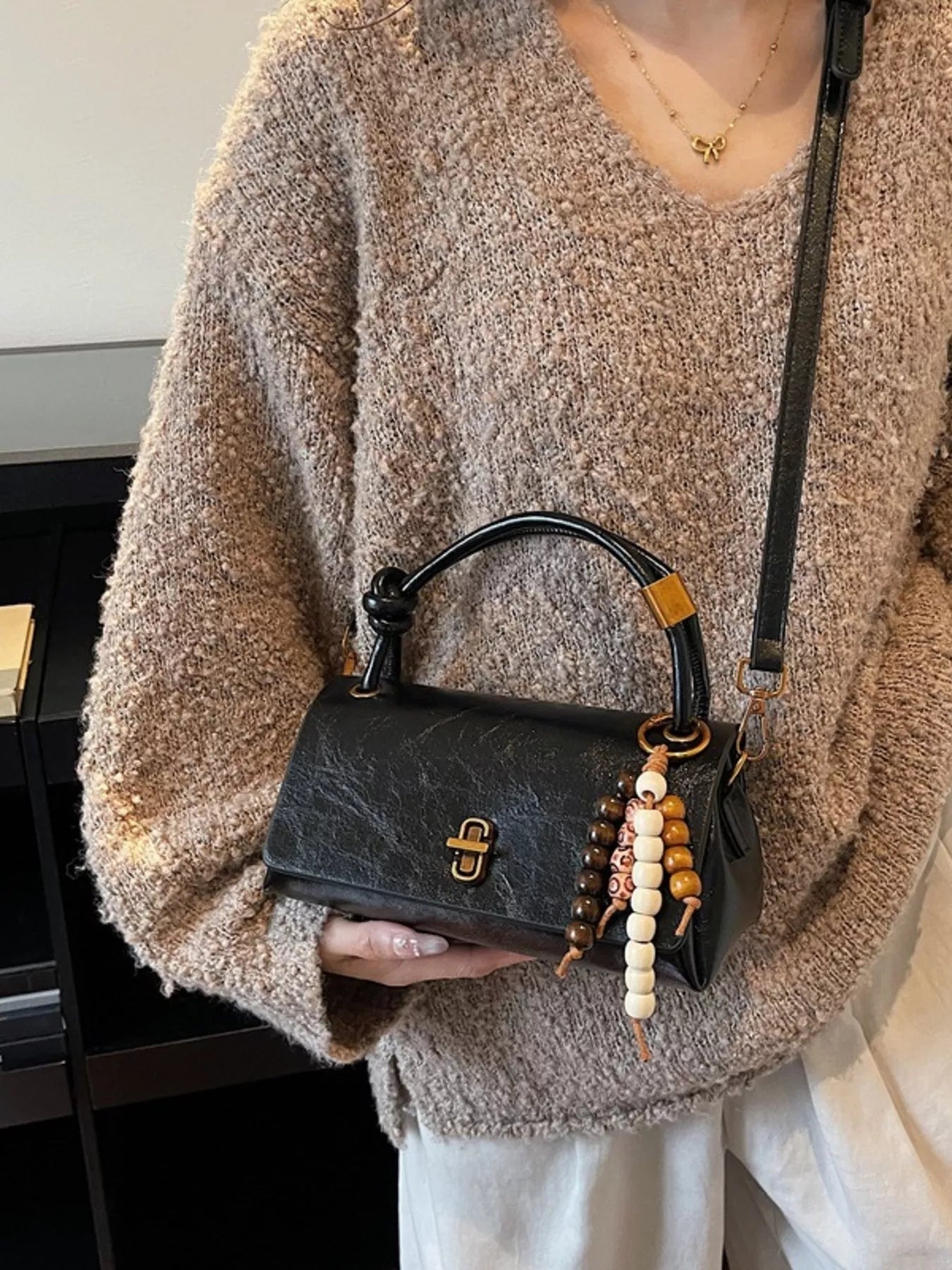 Leather Crossbody Bag with Bead Charm - MAD RUFFI