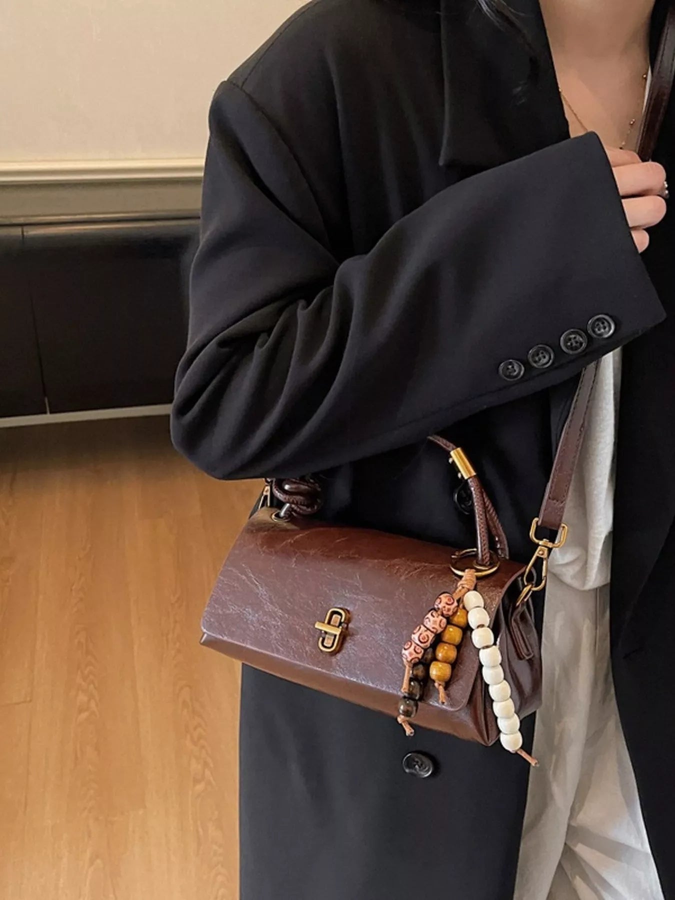 Leather Crossbody Bag with Bead Charm - MAD RUFFI