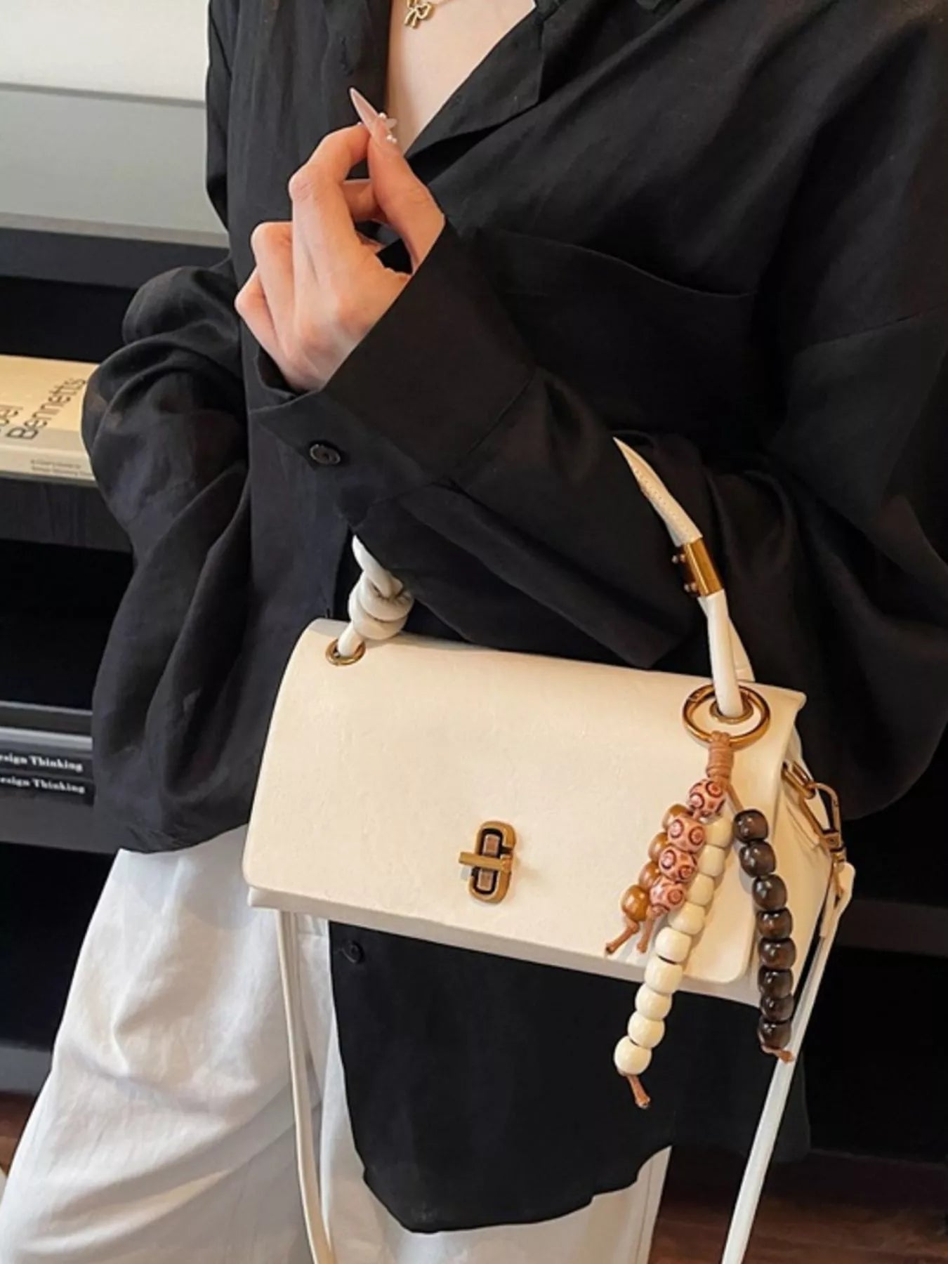 Leather Crossbody Bag with Bead Charm - MAD RUFFI