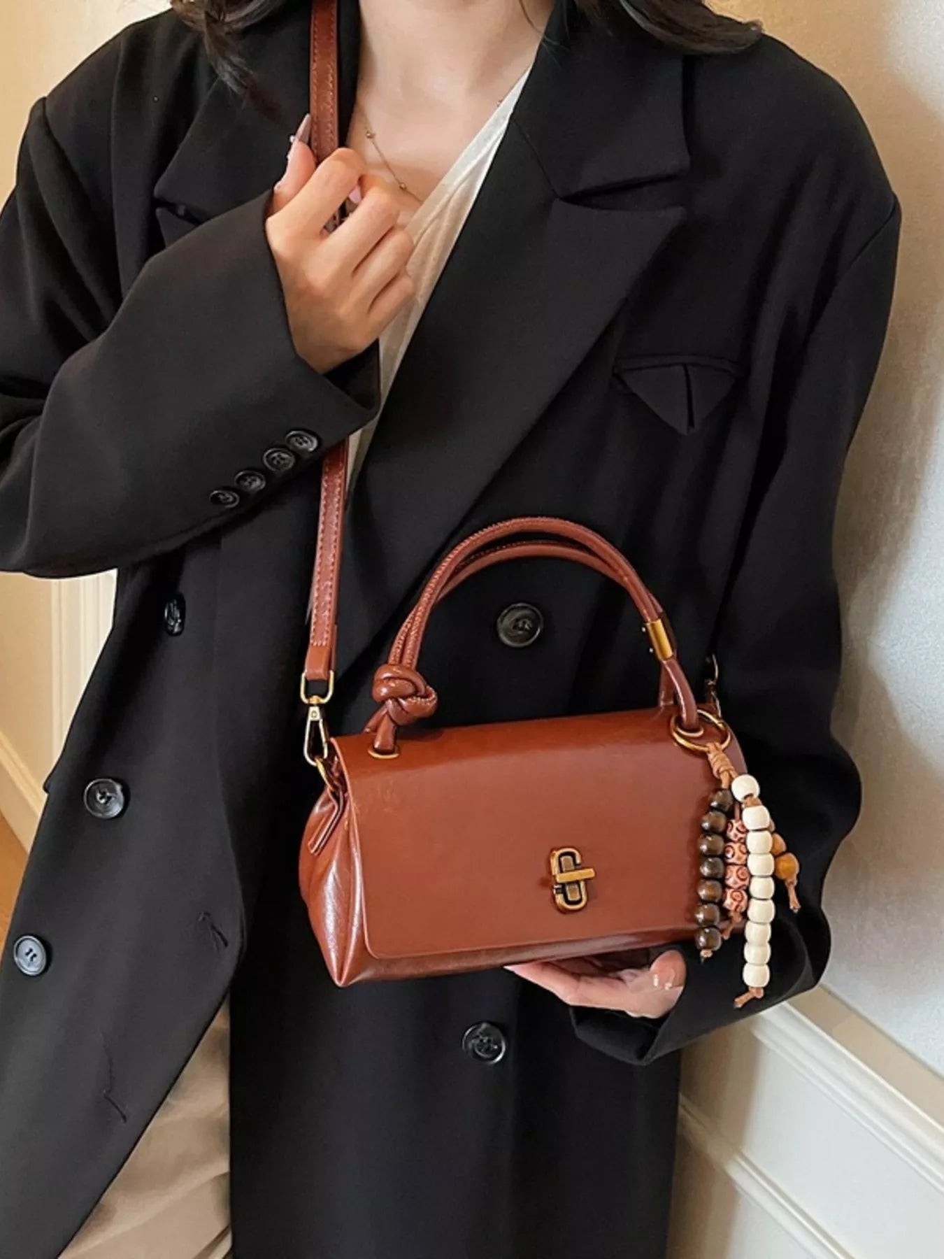 Leather Crossbody Bag with Bead Charm - MAD RUFFI