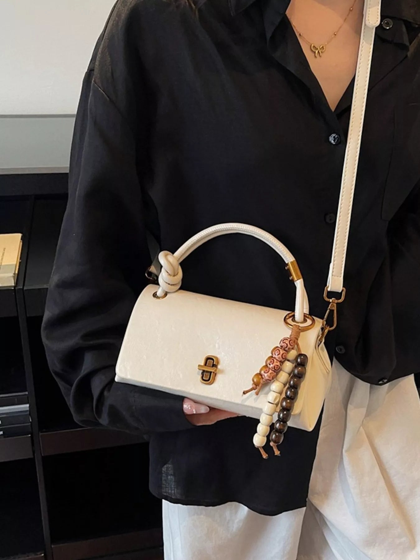 Leather Crossbody Bag with Bead Charm - MAD RUFFI